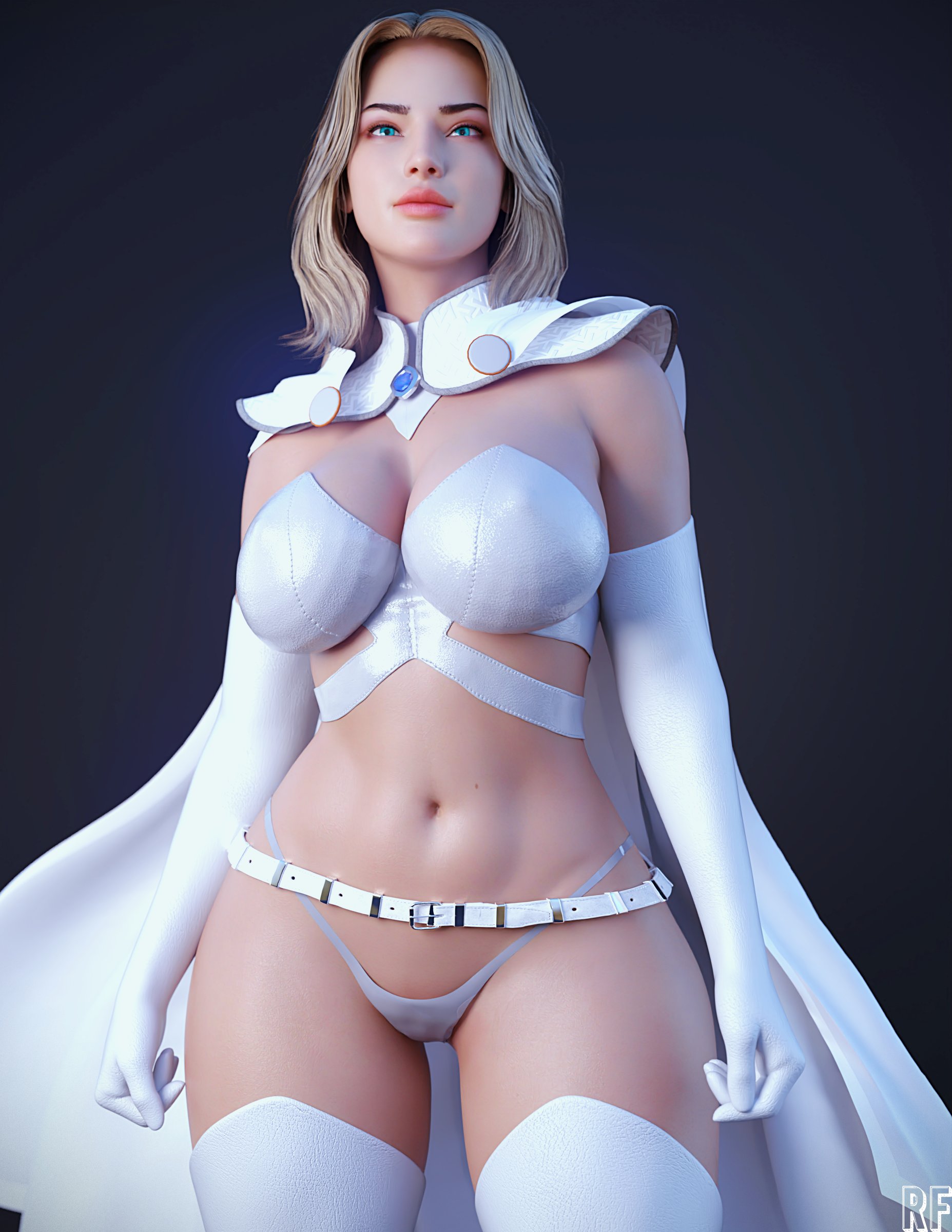 1girls, 3d, belt, blonde hair, blue eyes, bra, breasts, cape, cleavage, clothed, elbow gloves, emma frost, female, female only, gloves, large breasts, long hair, marvel, marvel comics, navel, panties, revealing clothes, rude frog, skimpy, skimpy clothes, solo, superheroine, thick lips, thighhighs, underwear, white clothing, white queen, wide hips, x-men