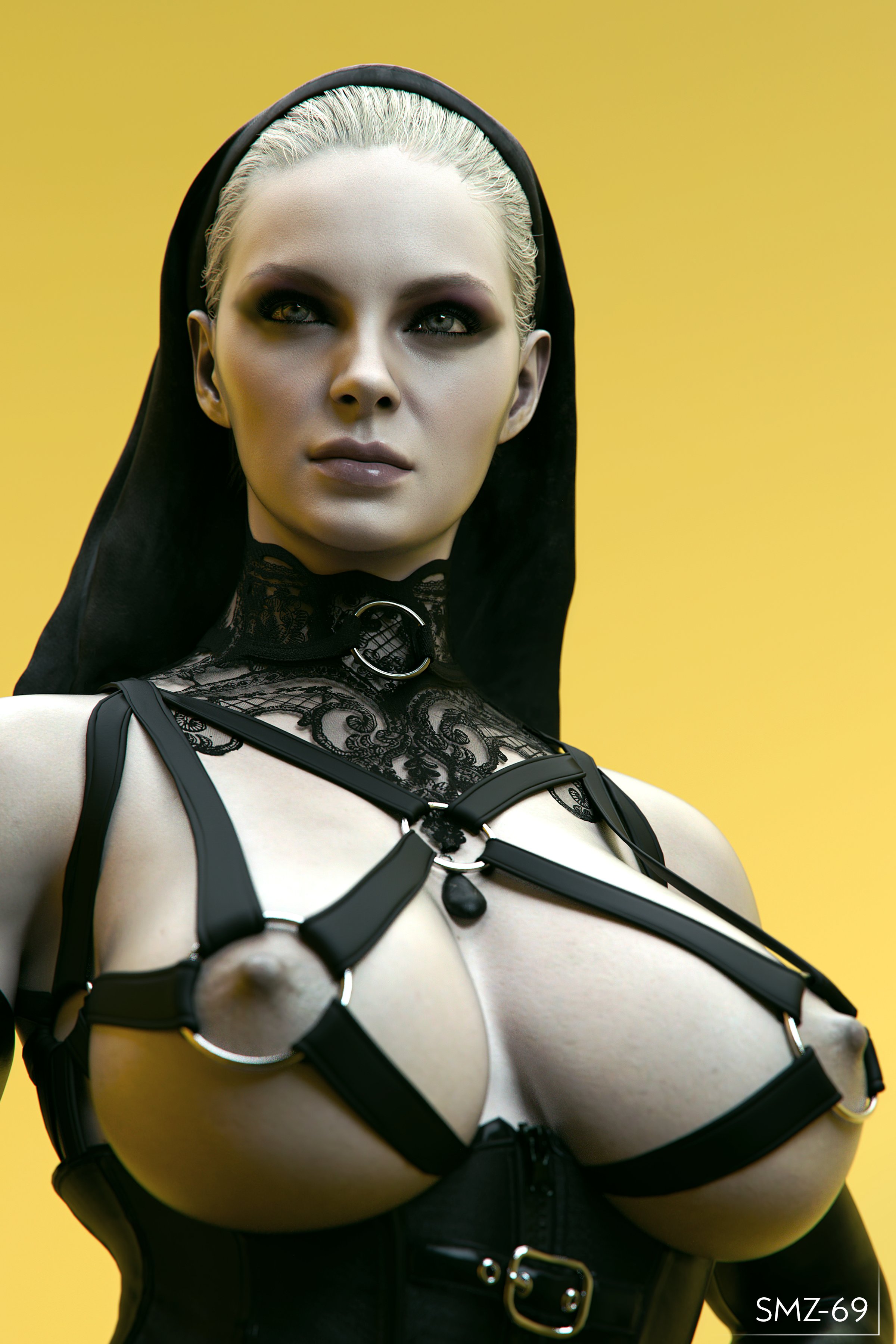1girls, 3d, areolae, big breasts, blonde female, breasts, daz studio, daz3d, female, female only, large breasts, mother miranda (resident evil), nipples, resident evil, resident evil 8: village, smz-69, solo