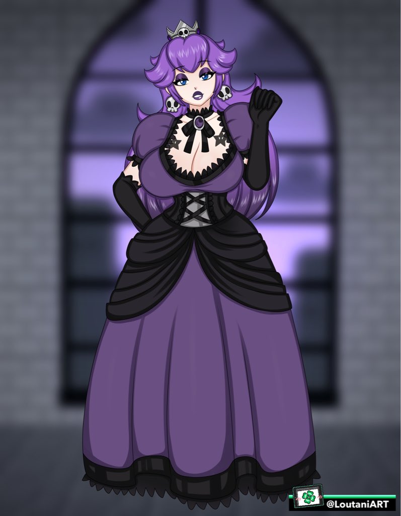 1girls, alternate color, alternate costume, alternate hair color, artist logo, artist name, black nails, blue eyes, breasts, cleavage, clothed, clothing, crossover, crown, dress, earrings, elbow gloves, eyeshadow, female, female only, full body, goth, goth peach, gothic, gothified, indoors, jewelry, large breasts, lipstick, long hair, looking at viewer, loutaniart, makeup, mario (series), nail polish, nintendo, princess peach, purple eyeshadow, purple hair, purple lipstick, sidelocks, skull, solo, standing, tattoo, tight clothing, very long hair, watermark, window