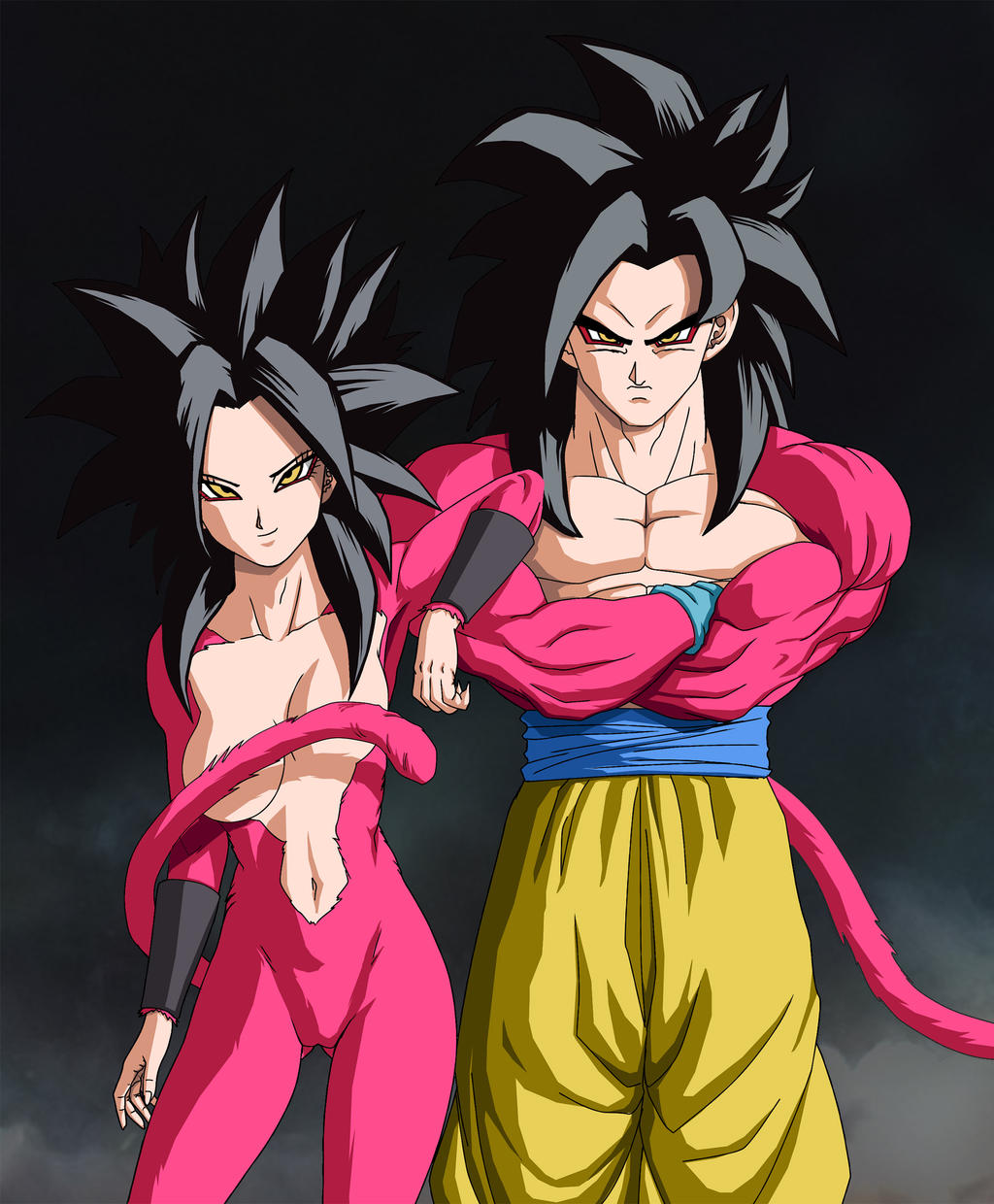 1boy 1boy1girl 1girls black_hair caulifla dragon_ball dragon_ball_gt dragon_ball_super goku novasayajingoku red_fur saiyan saiyan_tail son_goku super_saiyan_4 tail universe_6/universe_7 universe_6_saiyan/universe_7_saiyan yellow_eyes