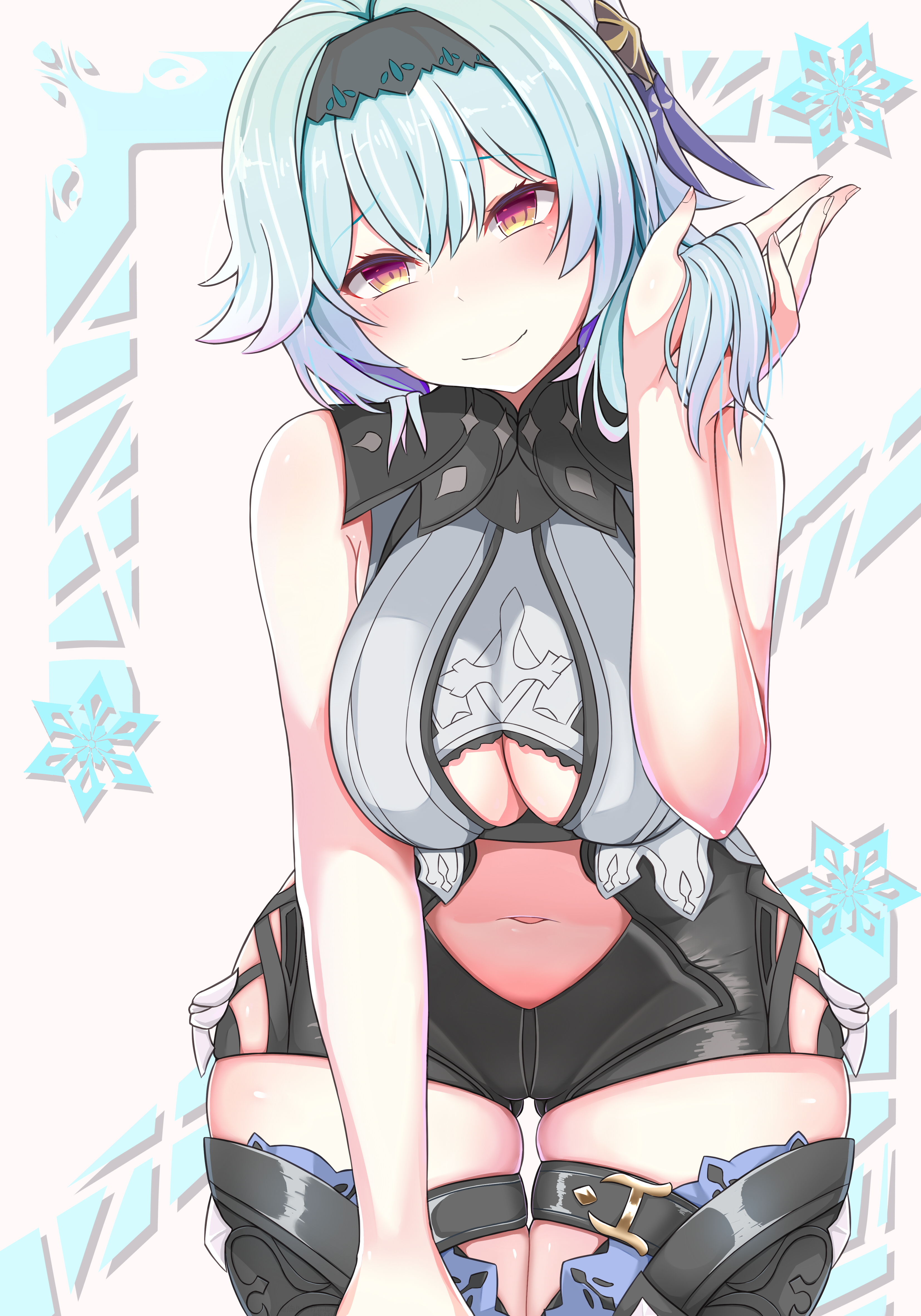 adult, big breasts, blue hair, blush, breasts, clothing, eula (genshin impact), female, genshin impact, light skin, light-skinned female, midriff, multicolored eyes, navel, potato h, purple eyes, thick thighs, thighs, tight clothing, yellow eyes, zipper down
