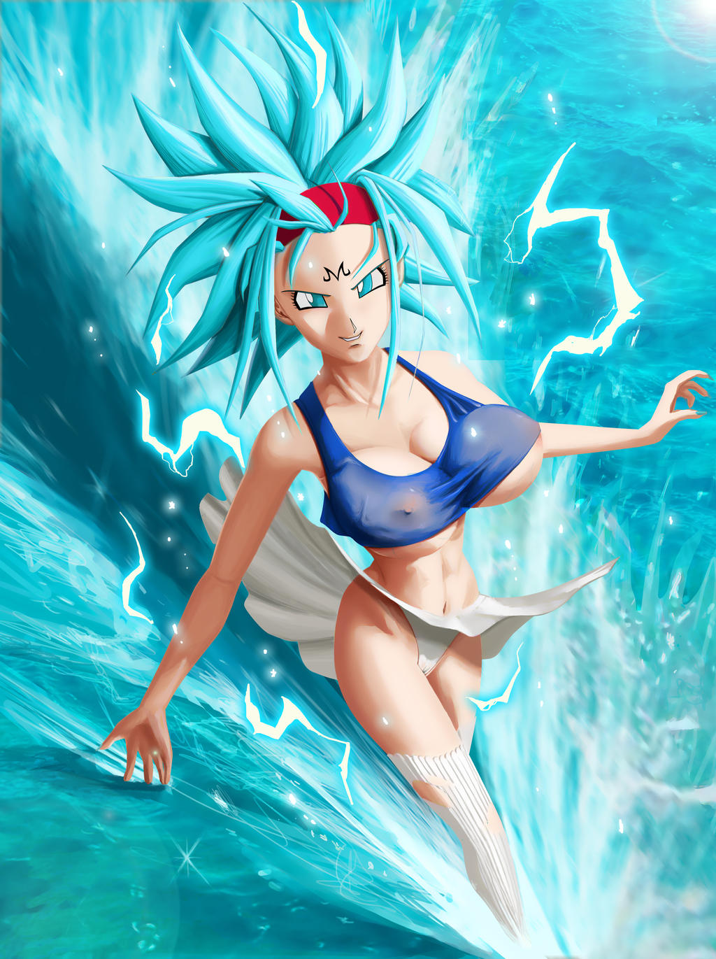 1girls bra_(dragon_ball) bra_briefs corruption dragon_ball enemy_conversion majin_mark nipples nipples_visible_through_clothing novasayajingoku see-through see-through_clothing socks super_saiyan_blue tattoo water waves