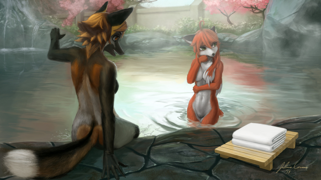 16:9 2013 anthro ass breasts canid canine casual_nudity cherry_blossom cross_fox digital_media_(artwork) duo fan_character female fox genitals hair hot_spring jecbrush mammal naturally_censored navel nintendo nora_vulpes_leslie nude outside plant pussy red_fox skinny_dipping star_fox tree video_games water widescreen