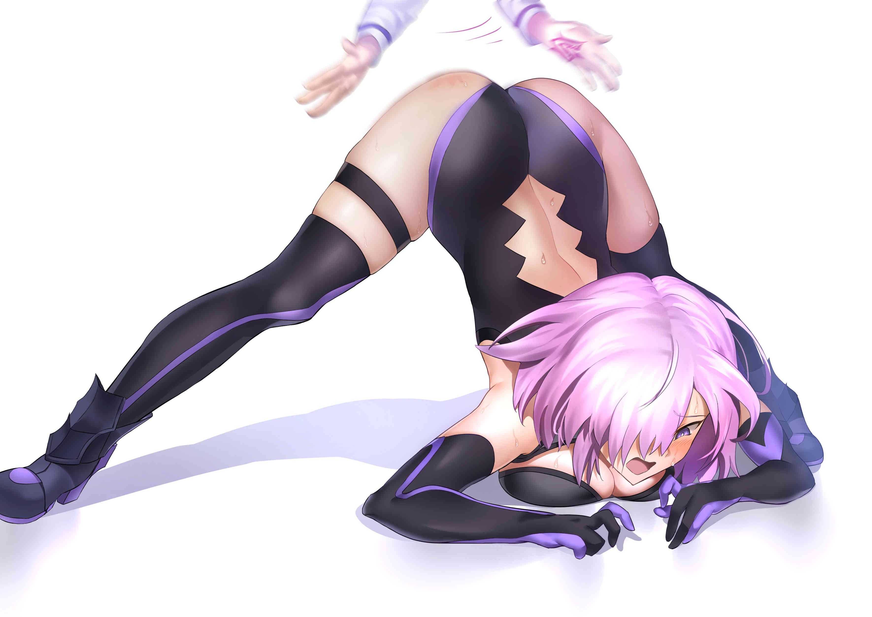 1boy, 1girls, absurd res, ass, ass slap, ass up, back cutout, bent over, big breasts, blush, boots, breast press, breasts, cleavage, cleavage cutout, clothing cutout, elbow gloves, fate (series), fate/grand order, female, female focus, fujimaru ritsuka (male), gloves, hair over one eye, hands on ground, high heel boots, highres, jack-o pose, legs apart, leotard, male, mash kyrielight, mishima saiko, open mouth, out of frame, pink hair, pose, posing, purple eyes, short hair, spank marks, spanking, spread legs, sweat, thigh strap, thighhighs