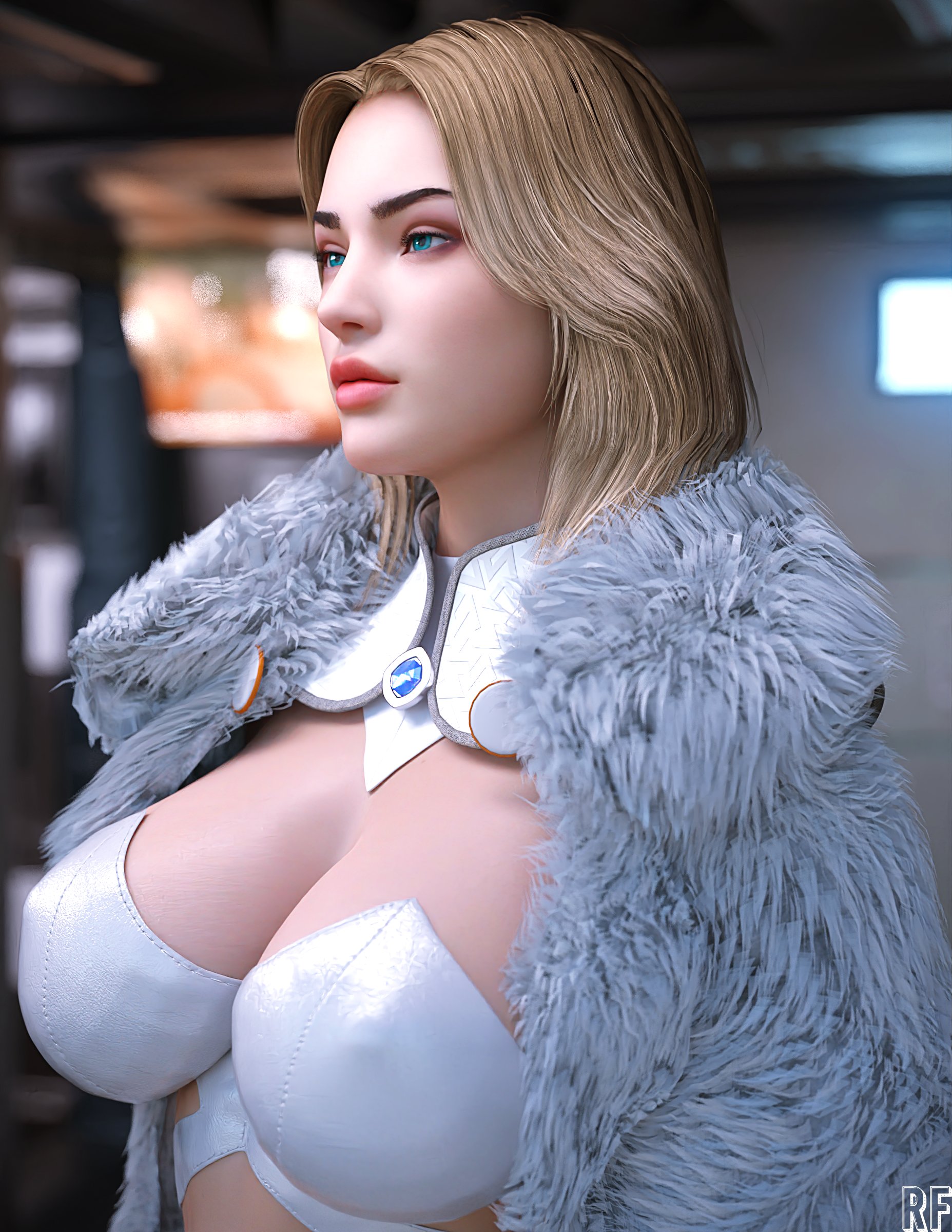 1girls, 3d, blonde hair, blue eyes, breasts, cleavage, clothed, emma frost, female, female only, fur coat, large breasts, long hair, looking away, marvel, marvel comics, nipples visible through clothing, revealing clothes, rude frog, skimpy, skimpy clothes, solo, superheroine, thick lips, thighhighs, white clothing, white queen, x-men