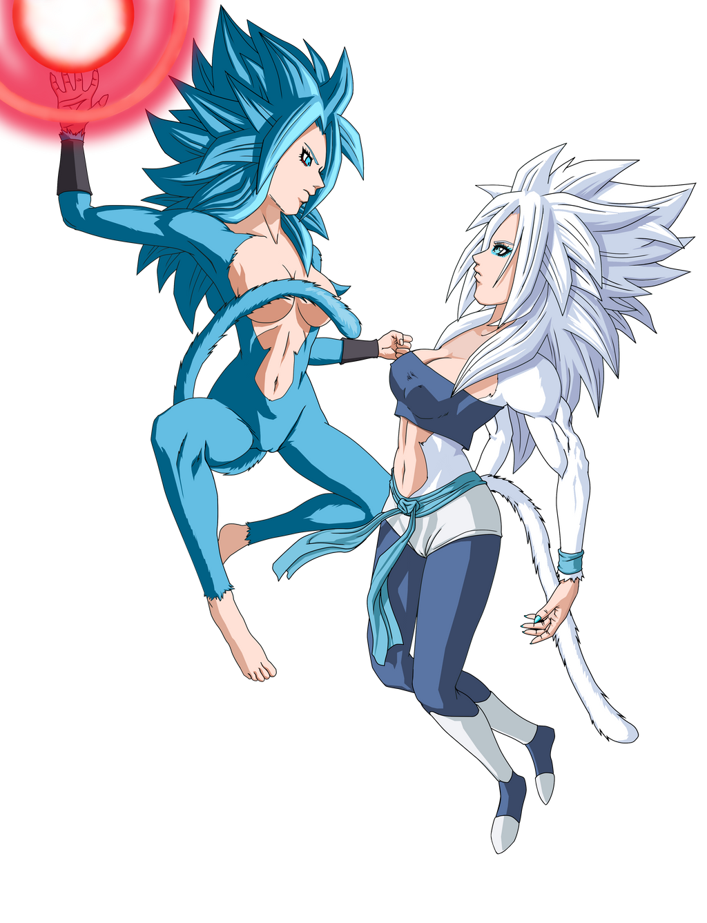 2girls blue_fur caulifla dragon_ball dragon_ball_super dragon_ball_xenoverse energy_ball energy_blast female female_focus female_only female_saiyan looking_at_another multiple_girls naked novasayajingoku nude nude_female nude_female_clothed_female saiyan saiyan_girl saiyan_tail super_saiyan_4 super_saiyan_5 super_saiyan_blue tail white_fur