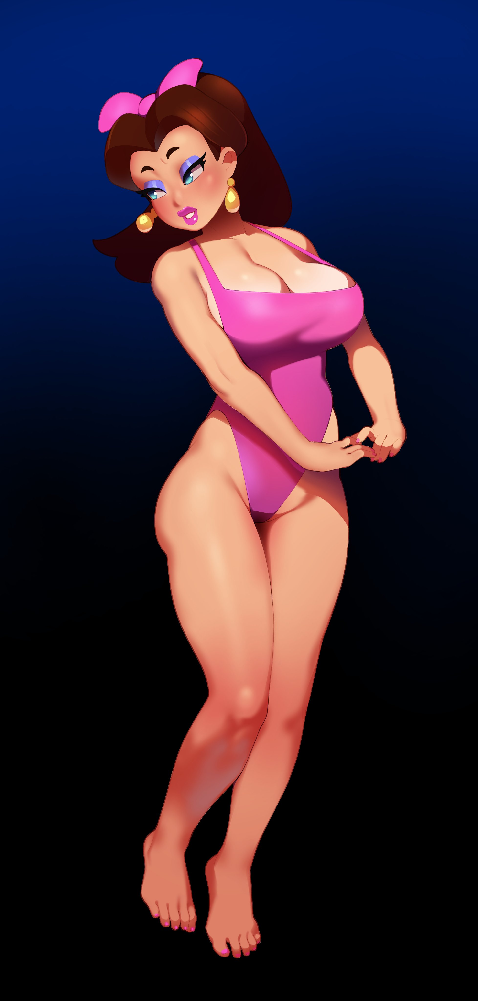 1girls, absurdres, barefoot, big breasts, breasts, candy kong (cosplay), cleavage, combos-n-doodles, donkey kong (series), feet, female, female only, highres, large breasts, mario (series), nail polish, nintendo, one-piece swimsuit, pauline, pink toenails, solo, swimsuit, toes