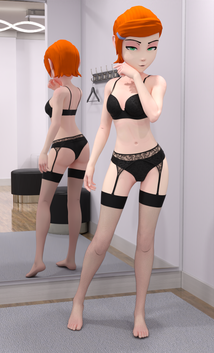 1girls 3d 3d_(artwork) ben_10 bra cartoon_network daz3d daz_studio female green_eyes gwen_tennyson lingerie mirror orange_hair panties pin3d pinup pose posing reflection small_breasts solo stockings