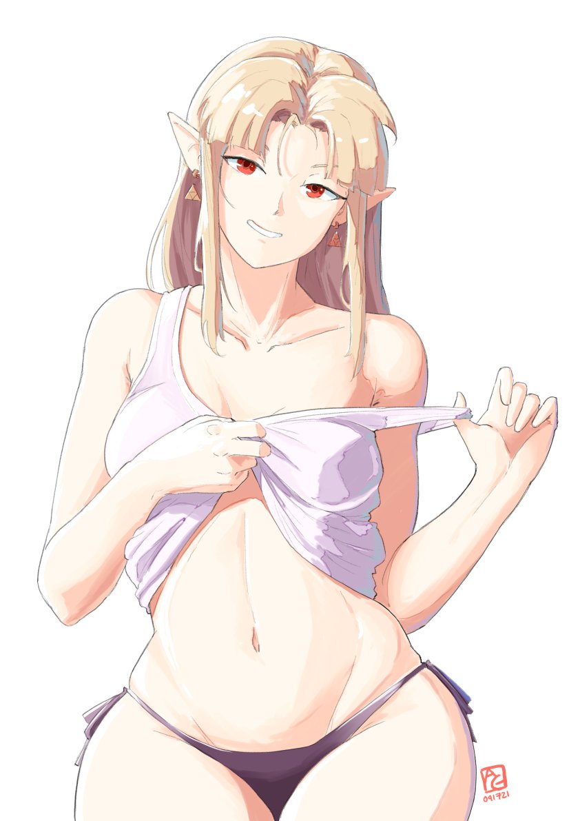 automatic giraffe, black panties, blonde hair, corrupted, fair skin, fair-skinned female, female, light skin, light-skinned female, long hair, looking at viewer, nintendo, panties, pointy ears, princess zelda, red eyes, removing clothing, removing shirt, side-tie panties, the legend of zelda, thick thighs, wide hips, zelda (a link between worlds)