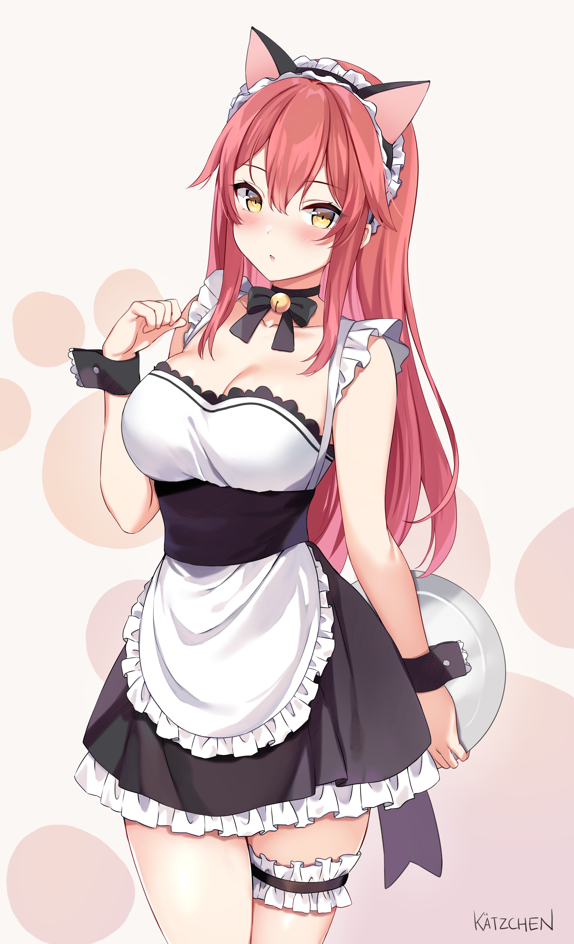 2d, bell, blush, bow, bowtie, cat ears, cat girl, catgirl, choker, cleavage, dress, female, female only, garter, kaetzchen, long hair, maid, maid apron, maid headdress, maid uniform, pink background, red hair, sidelocks, simple background, skirt, solo, solo female, thigh strap, wrist cuffs, yellow eyes