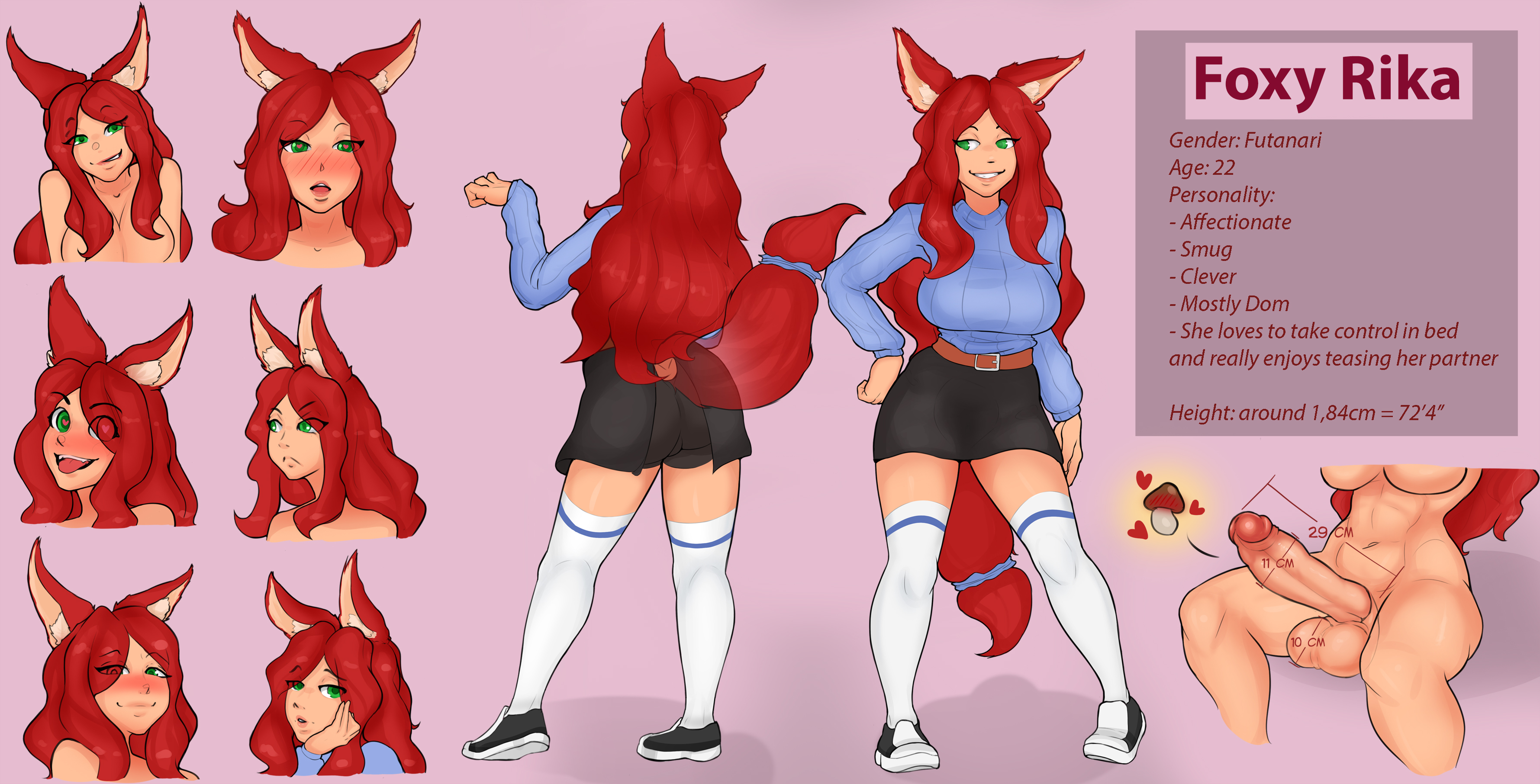 0w0wer, 1futa, 2019, abs, animal ears, balls, ballsack, belt, big breasts, big penis, blush, breasts, cleavage, clothed, clothing, english text, erect penis, erection, female, fox ears, fox girl, fox tail, frown, fully clothed, futa only, futanari, hand on hip, humanoid, humanoid penis, intersex, kemonomimi, large penis, light skin, light-skinned futa, long hair, long socks, looking at viewer, looking away, measurements, nude, original, original character, penis, red hair, reference sheet, rika (owower), shoes, sitting, skirt, smile, smug, smug face, socks, solo, standing, sweat, tail, text, thigh socks, thighhighs, tongue, white socks