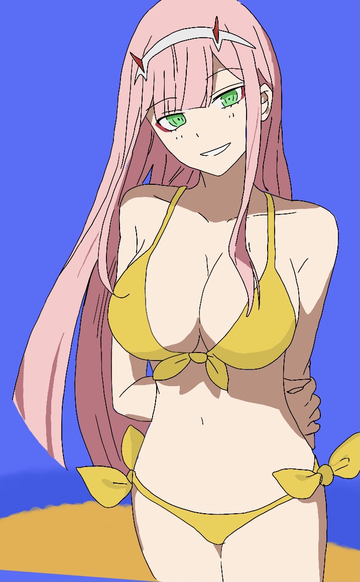 big breasts, breasts, darling in the franxx, female, green eyes, pink hair, swimsuit, thick thighs, yellow swimsuit, zero two (darling in the franxx)