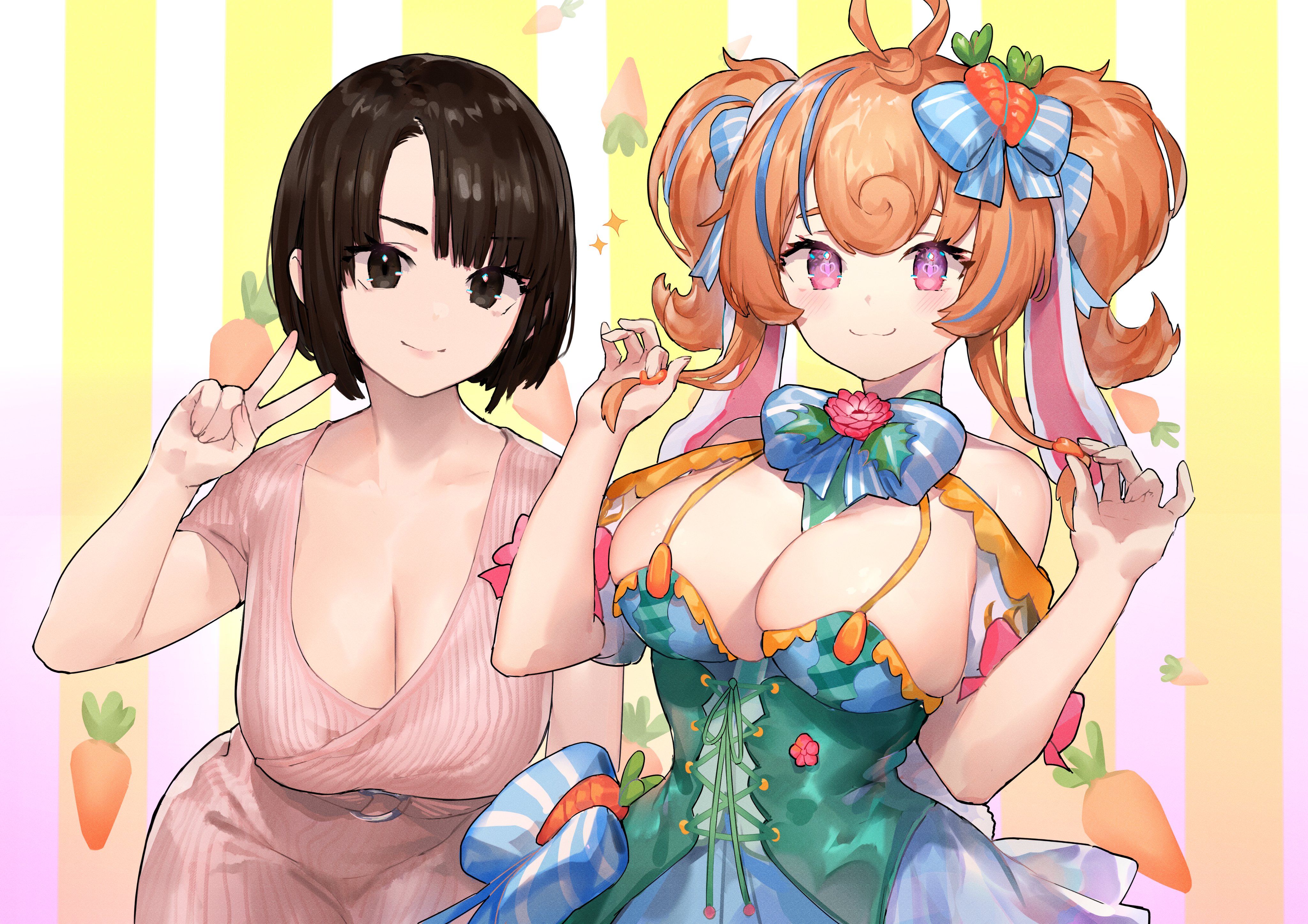 2girls, big breasts, breasts, brown eyes, brown hair, bunny ayumi, bunny gif, female, huge breasts, indie virtual youtuber, multiple females, multiple girls, orange hair, purple eyes, streamer, twitch, twitch.tv, virtual youtuber