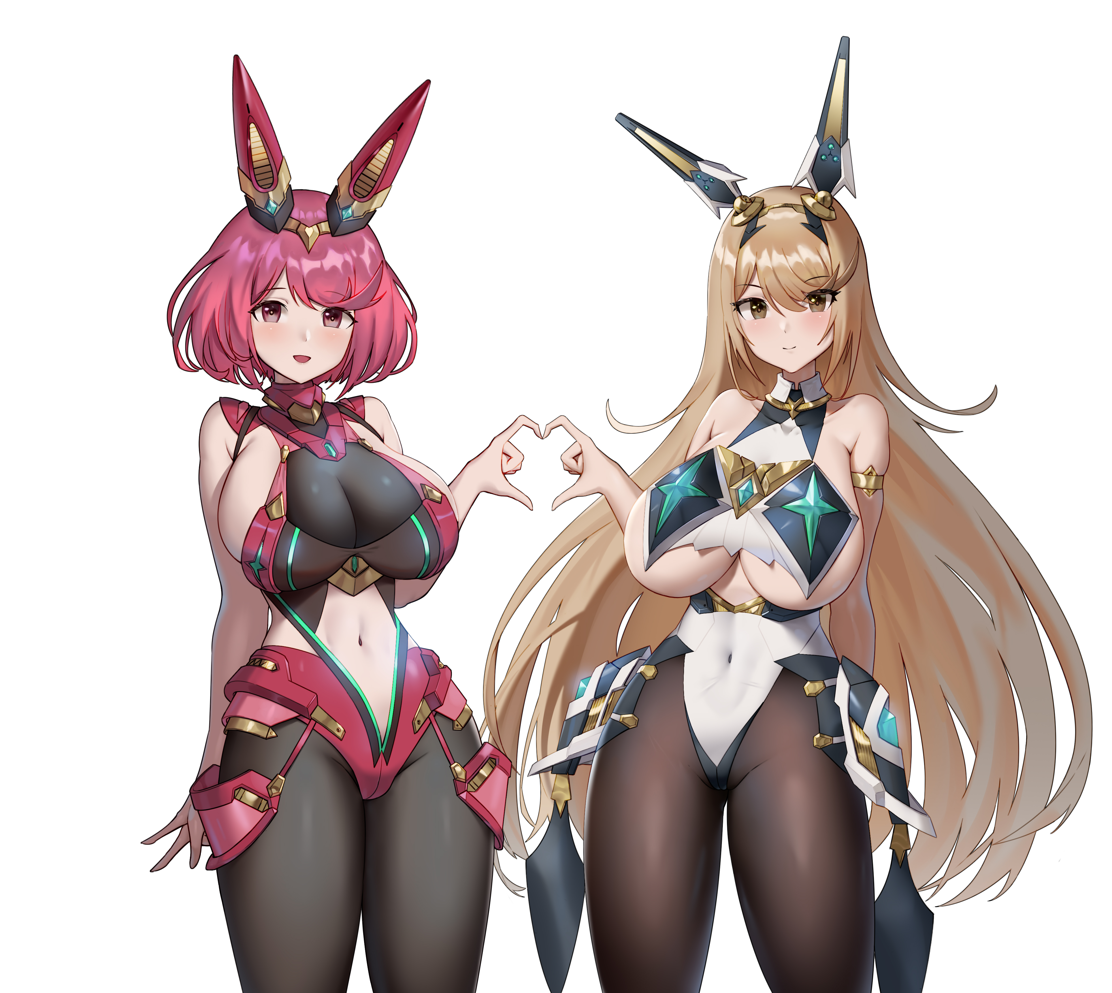2girls, arm band, bangs, bare shoulders, blonde hair, blush, breasts, bunnysuit, colored, female, gem, hand heart, huge breasts, jingb dx, latex, leggings, long hair, looking at viewer, mythra, navel, nintendo, pyra, red eyes, red hair, short hair, sideboob, smile, smiling at viewer, swept bangs, tagme, technology, thick thighs, thighs, underboob, white background, xenoblade (series), xenoblade chronicles 2, yellow eyes