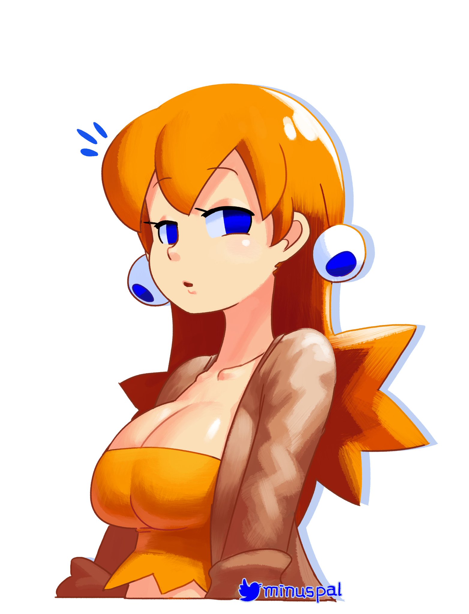 big breasts, blue eyes, breasts, cleavage, clyde (pac-man), crop top, female, jacket open, looking at viewer, minus8, namco, orange hair, pac-man (series), pac-man ghost dance (minus8), solo, tagme