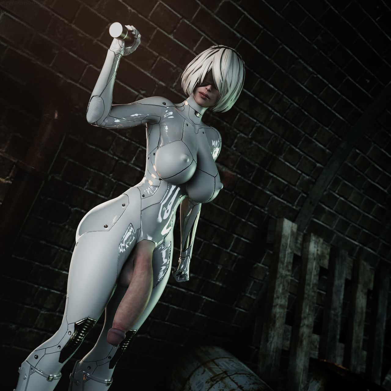 1futa, 3d, balls, big penis, blindfold, breasts, casual, casual exposure, casual nudity, electronics, flaccid, flaccid penis, futa only, futanari, huge breasts, huge cock, human, intersex, latex, latex suit, nier: automata, nipples, pale skin, penis, penis to the knees, public, solo, stevencarson, white hair, yorha 2b