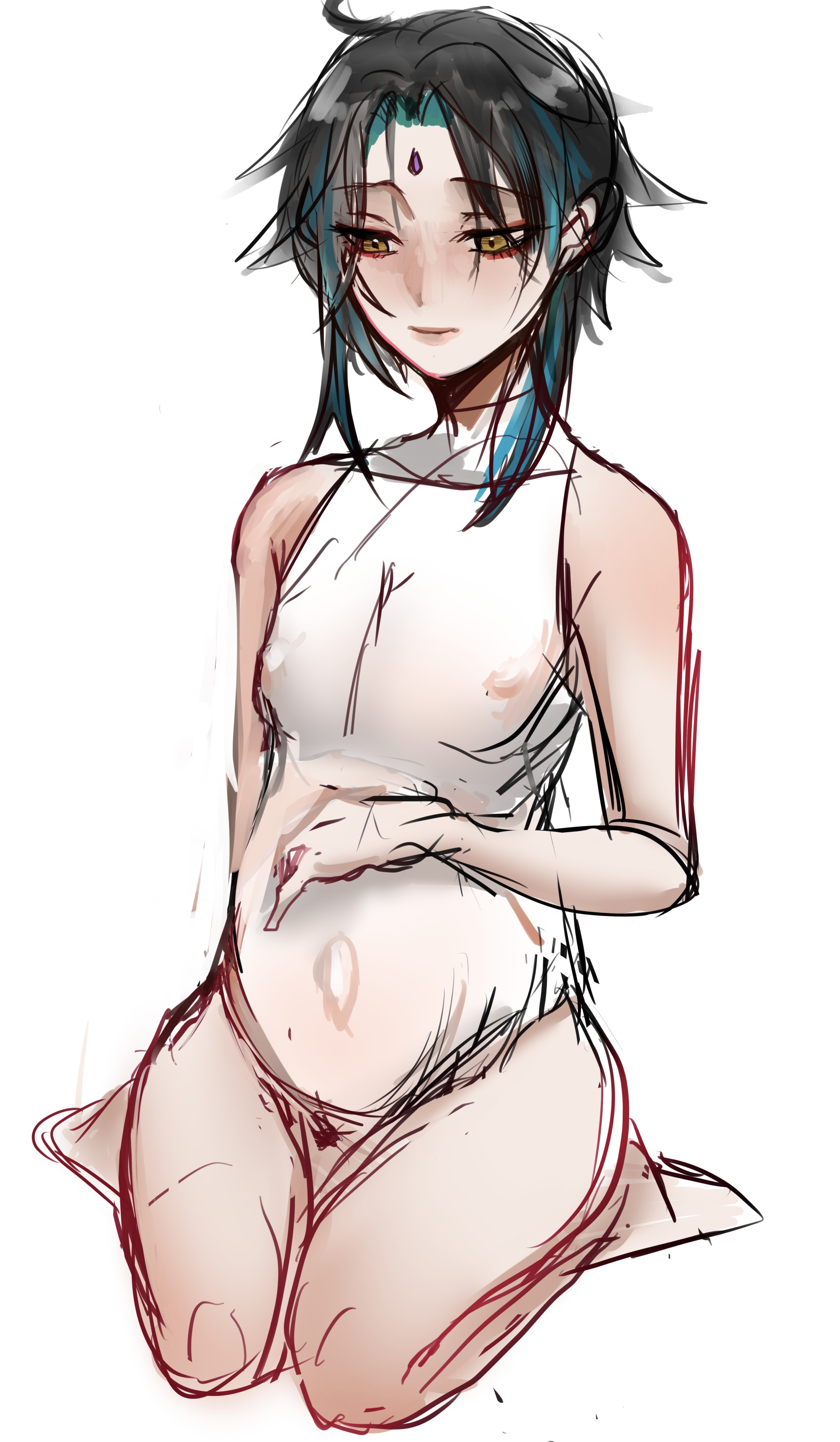 1boy, androgynous, blush, femboy, genshin impact, girly, hk, male, male only, male pregnancy, mpreg, nipples, partially clothed, pregnancy, pregnant, pregnant belly, pregnant male, solo, thick thighs, thighs, xiao (genshin impact)