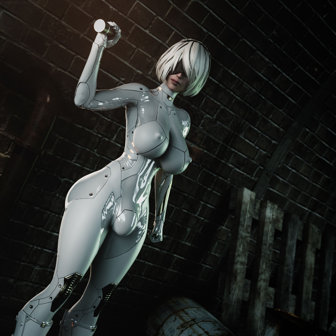 1futa, 3d, balls, balls bulge, balls in bodysuit, balls under clothes, blindfold, breasts, bulge, futa only, futanari, huge breasts, impossible clothes, intersex, latex, latex futa, latex suit, nier: automata, nipples, pale-skinned futa, penis, penis bulge, penis in bodysuit, solo, stevencarson, white hair, yorha 2b