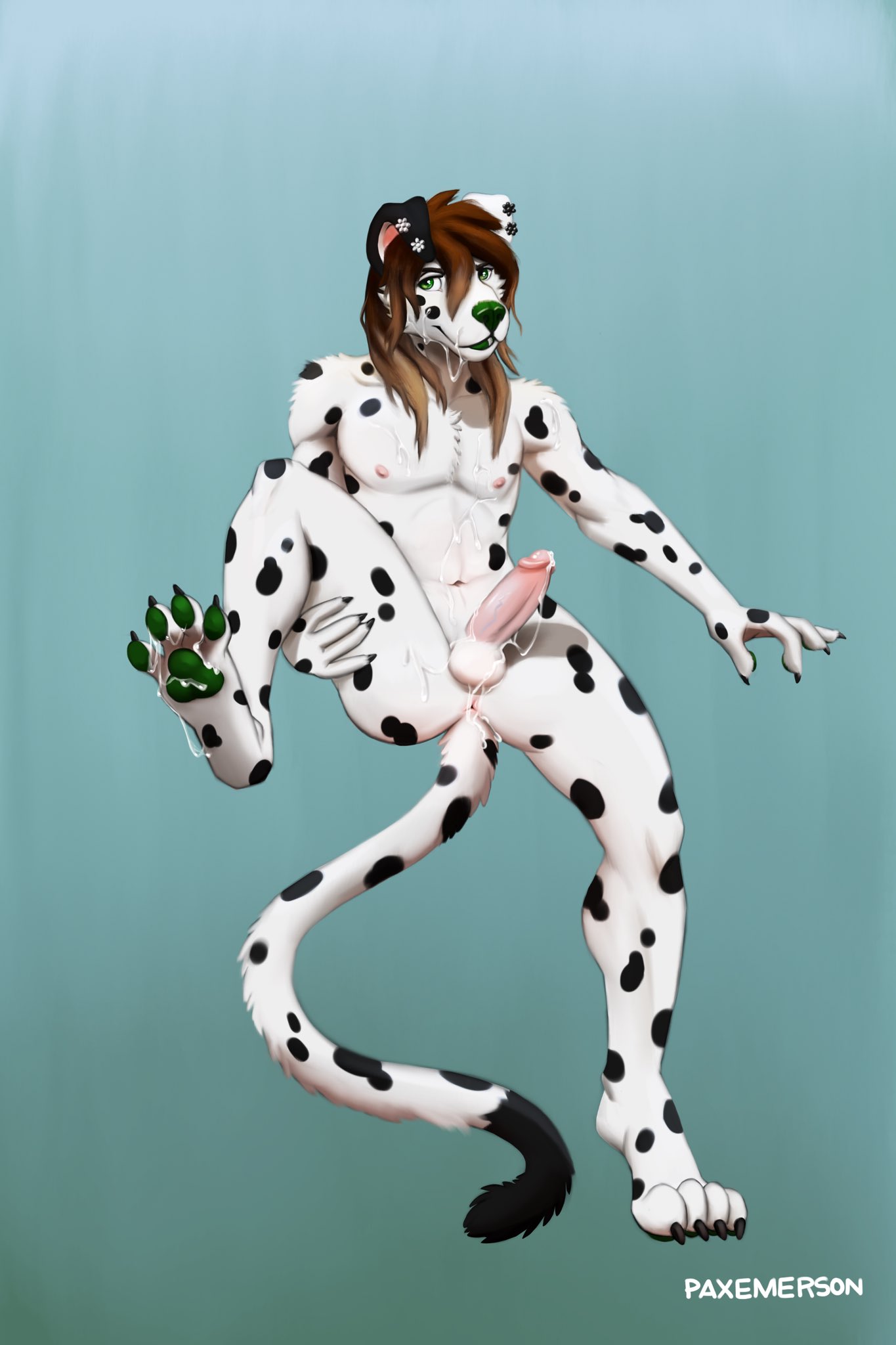 anthro black_body black_fur black_spots bodily_fluids canid canine canis cum cum_on_anus cum_on_face cum_on_feet dalmatian domestic_dog ear_piercing fur genital_fluids hair hi_res long_hair male mammal messy paws paxemerson piercing presenting solo spots spotted_body spotted_fur white_body white_fur