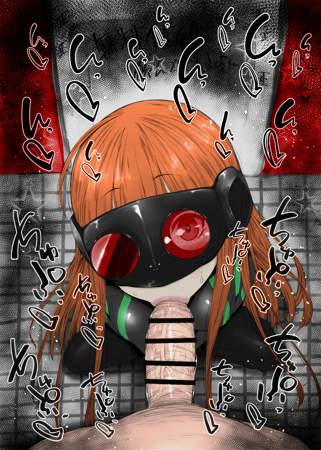 :>=, 1boy, 1girls, blowjob, color edit, eye contact, fellatio, female, grimtale, kurotama, light skin, light-skinned female, light-skinned male, male, oral, penis, persona, persona 5, phantom thief suit, pov, sakura futaba, saliva, third-party edit, toilet