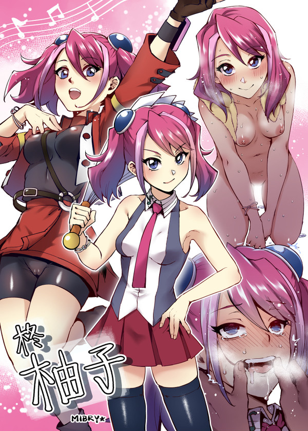 ahe gao, black stockings, blue eyes, blush, breasts, female, happy, hiiragi yuzu, legwear, looking at viewer, mibry (phrysm), nipples, nude, nude female, open mouth, pink hair, shonen jump, short hair, shounen jump, shueisha, small breasts, stockings, sweat, tongue, yu-gi-oh!, yu-gi-oh! arc-v, zuzu boyle