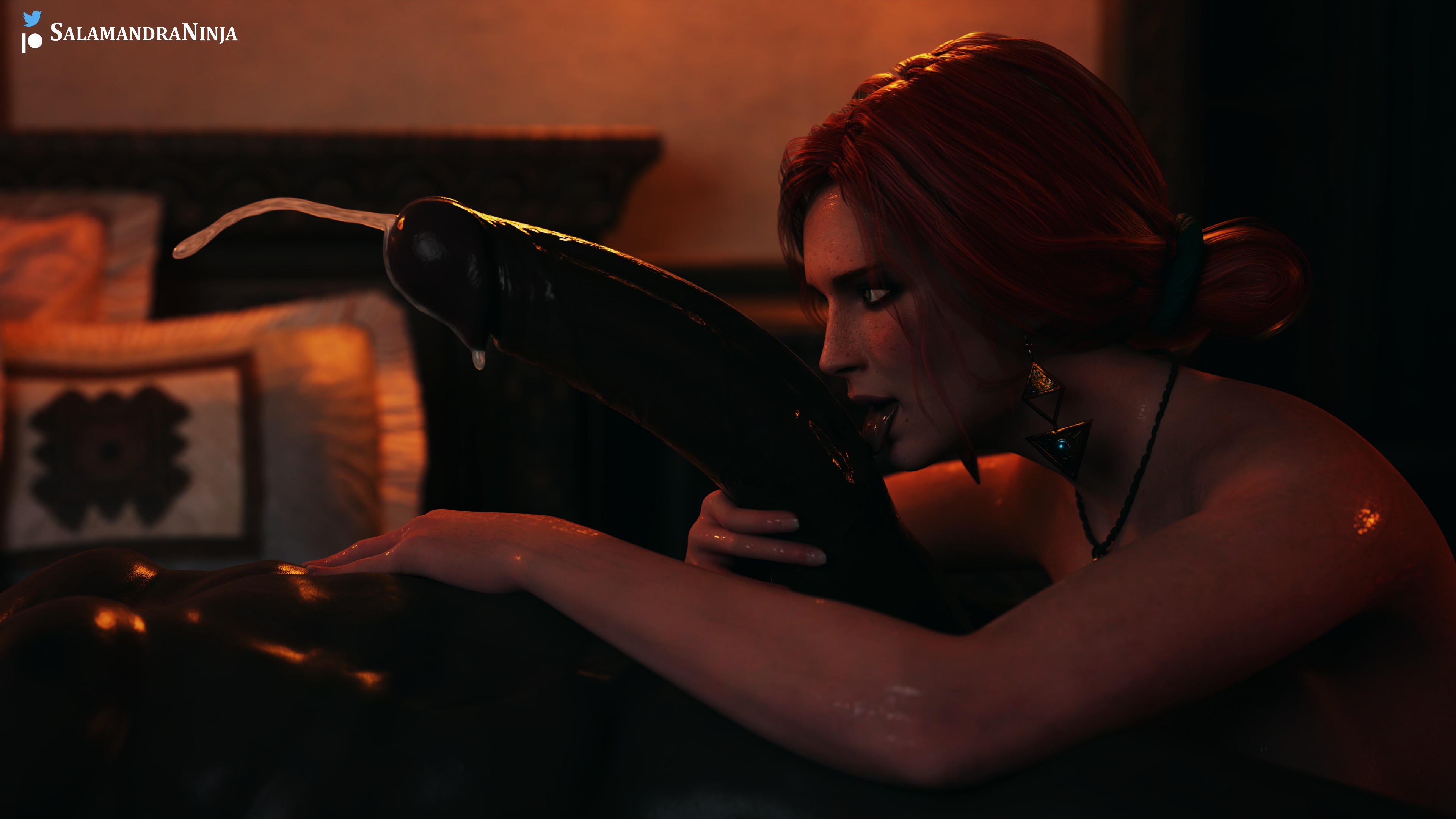 1boy, 1girls, 3d, abs, big penis, cd projekt red, cum, dark skin, dark-skinned male, dim lighting, earrings, faceless male, female, gigantic penis, green eyes, hand on stomach, hi res, interracial, large penis, licking penis, light skin, light-skinned female, long penis, looking at penis, male, male/female, muscular, muscular male, necklace, nude, nude female, oral, penis, red hair, salamandraninja, sweat, the witcher, the witcher (series), the witcher 3: wild hunt, tied hair, triss merigold