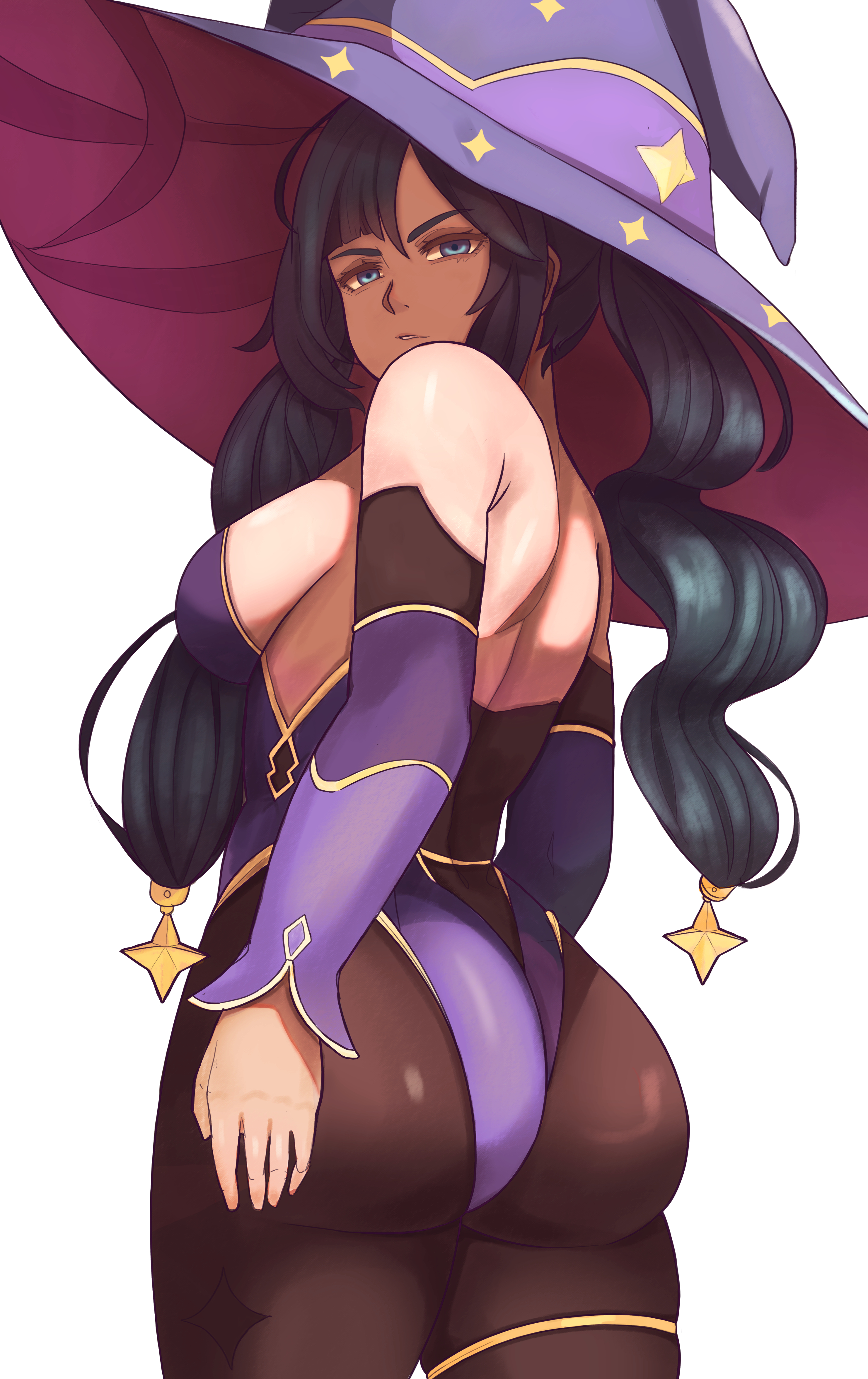 1girls, ass, big ass, big butt, blue eyes, breasts, clothed, clothing, eye contact, female, genshin impact, hoyoverse, leotard, light skin, light-skinned female, lixiart, looking at viewer, mihoyo, mona (genshin impact), pantyhose, purple hair, solo, standing, thick thighs, thighs, tight clothing, twintails, white background, witch hat