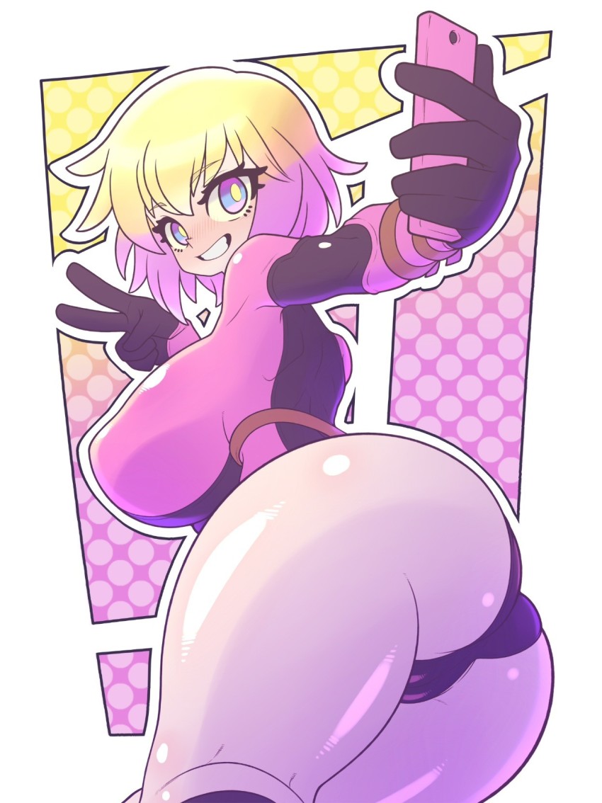 alternate color, ass, blonde hair, blue eyes, breasts, cameltoe, cellphone, cleft of venus, dark gwenpool, electronics, female, female focus, gloves, gradient hair, gwen poole, gwenpool, handwear, highres, hood, hooded jacket, jacket, kaikoinu, large breasts, leotard, marvel, marvel comics, multicolored hair, phone, pink hair, pussy, self shot, simple background, smartphone, smile, solo, thick thighs, thighs, v, white background