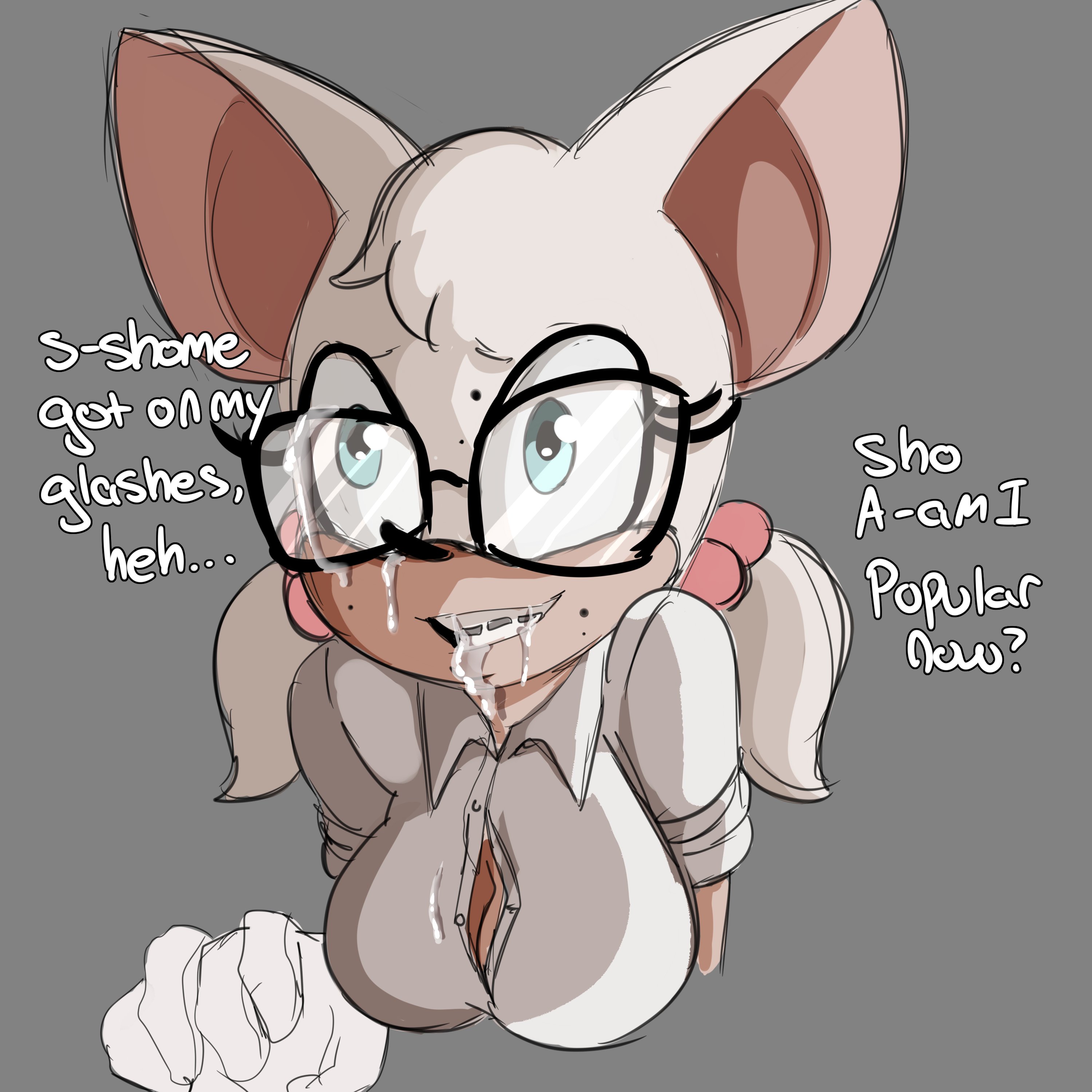 animal ears, anthro, bat ears, braces, breasts, clothing, cum, cum on face, cum on glasses, dialogue, female, freckles, glasses, inuyuru, large breasts, nerd, nerdy female, rouge the bat, sega, sonic (series), text