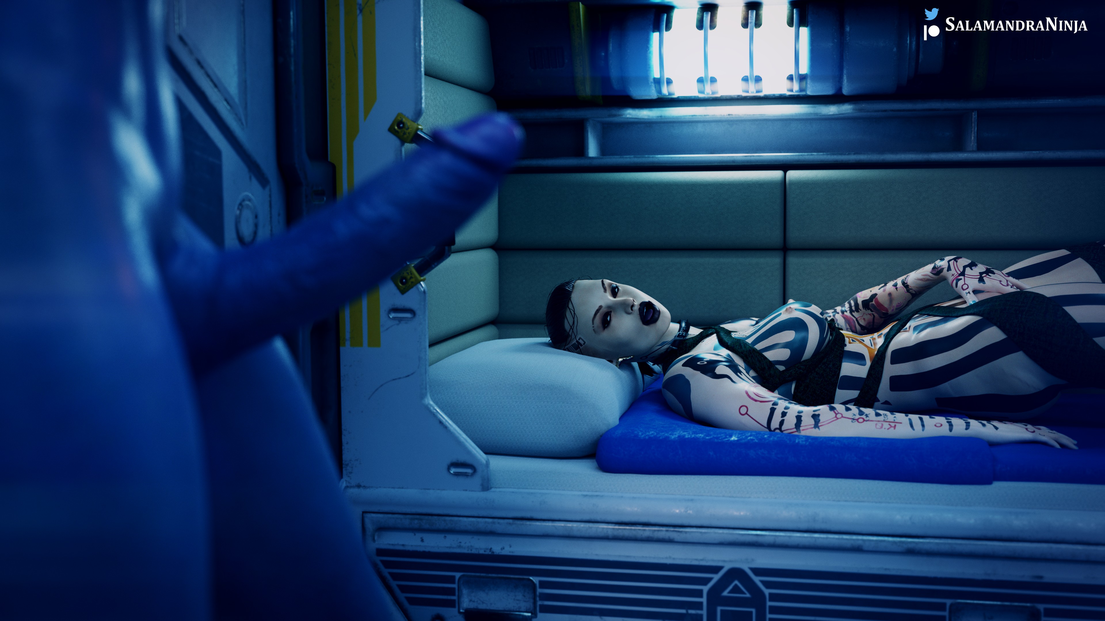 1futa, 1girls, 3d, asari, body markings, breasts, female, female focus, futanari, human, humanoid, humanoid penis, intersex, jack (mass effect), liara t'soni, light skin, light-skinned female, mass effect, masturbation, nude, on back, pale skin, penis, salamandraninja, solo focus, standing, tattoo
