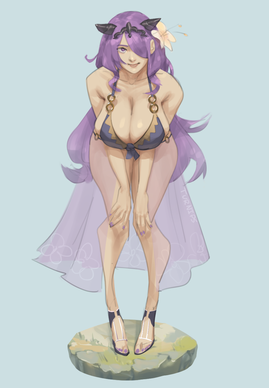 1girls alternate_costume bare_legs bent_over bikini black_bikini black_horns blue_bikini blue_swimsuit breasts camilla_(fire_emblem) camilla_(summer)_(fire_emblem) cleavage english_commentary female fingernails fire_emblem fire_emblem_fates fire_emblem_heroes flower front-tie_bikini front-tie_top hair_flower hair_ornament hair_over_one_eye hands_on_own_knees hibiscus highres horns huge_breasts leaning_forward light-skinned_female lips long_hair looking_at_viewer mature_female milf nail_polish nintendo o-ring o-ring_bikini official_alternate_costume pigeon-toed purple_eyes purple_hair purple_nails sandals sarong see-through see-through_sarong sideboob solo steamedturnips swimsuit tiara toenails very_long_hair wavy_hair