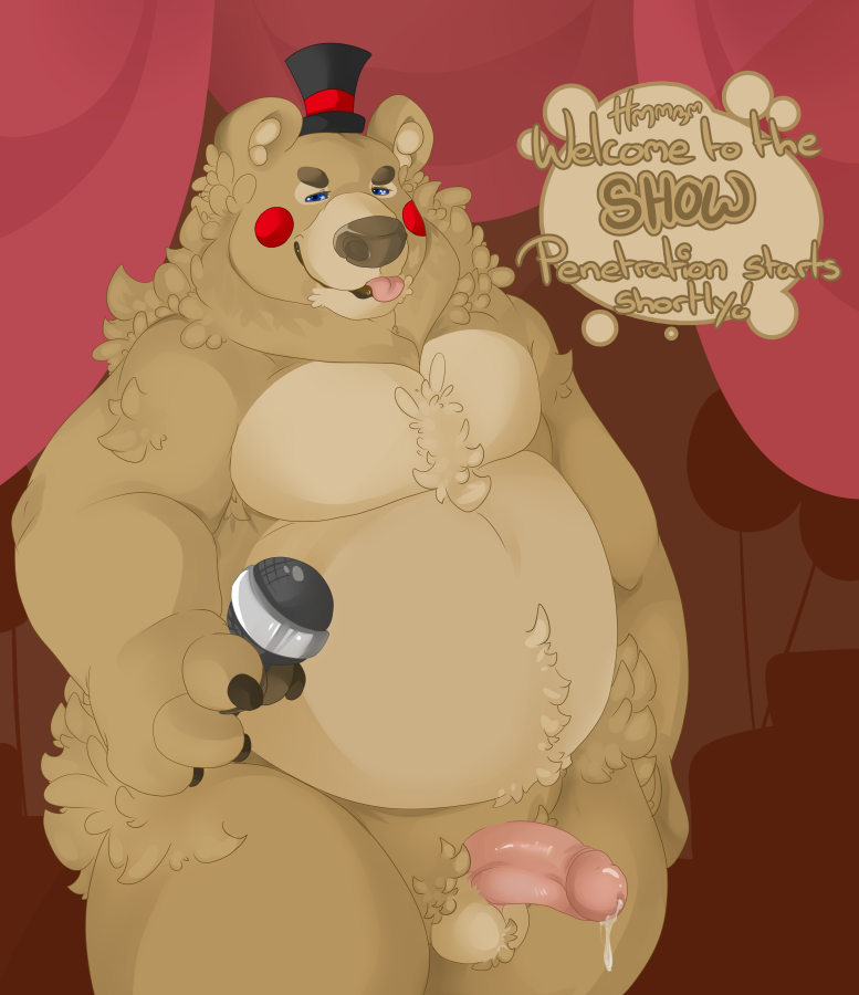 ! 1boy animatronic balls bear belly blue_eyes brown_body brown_fur brown_nose brown_skin cotton_tail cum cum_drip cum_leaking english_text five_nights_at_freddy's five_nights_at_freddy's_2 fluffy fluffy_tail frots fur half-closed_eyes hat headgear headwear holding_microphone looking_at_viewer male male_only penile penis smile smiling smiling_at_viewer solo solo_male sweat sweaty sweaty_penis testicles text tongue tongue_out top_hat toy_freddy_(fnaf) two_tone_body two_tone_fur two_tone_skin vein veins veiny veiny_penis