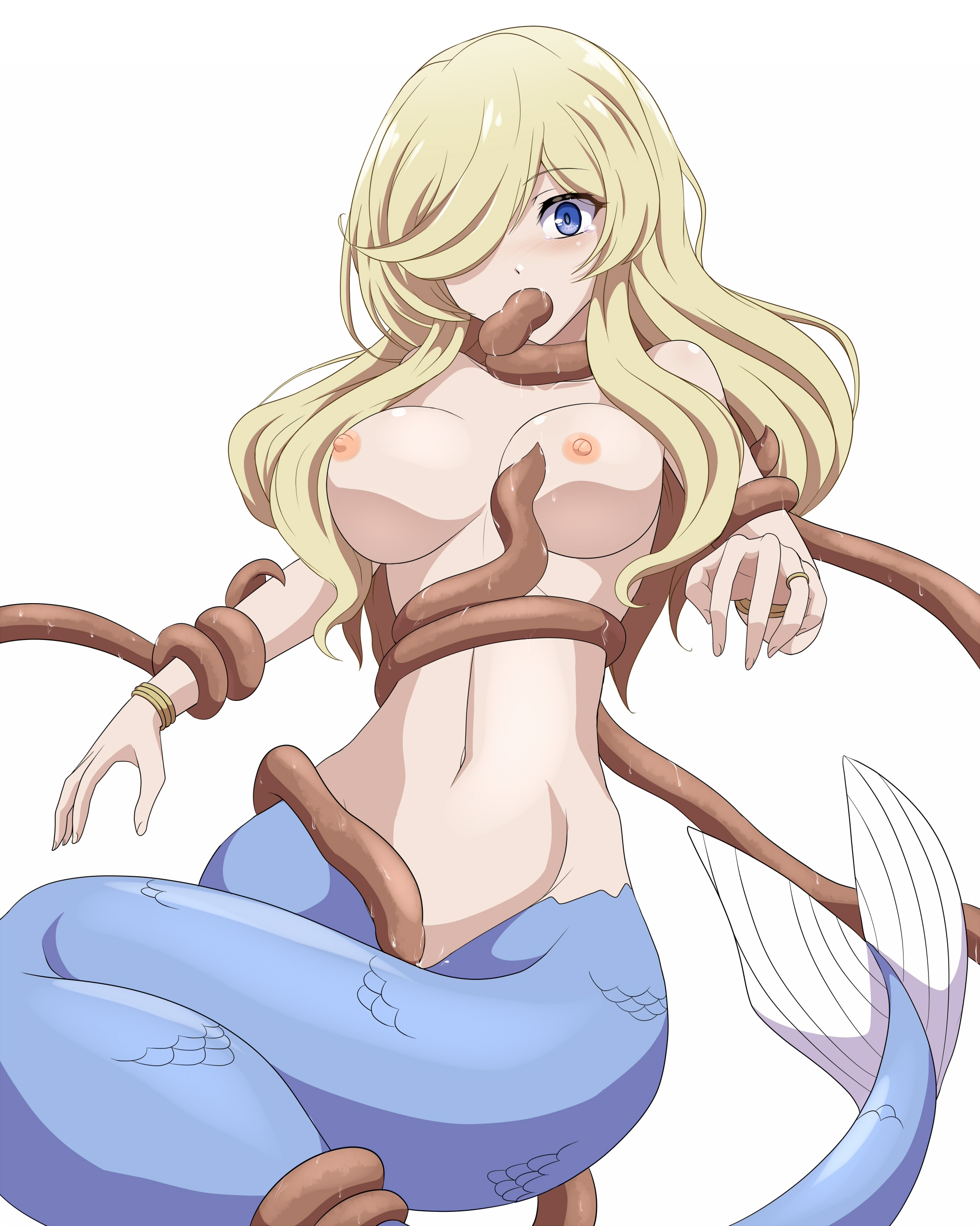 1girls, 5 fingers, absurd res, asaricurry, big breasts, blonde hair, blue eyes, blue tail, blush, bracelet, breasts, female, female focus, hair over one eye, hi res, isekai maou to shoukan shoujo no dorei majutsu, jpeg, kodansha, long hair, merfolk, mermaid, mermaid fallen, monster girl, navel, nipples, nude, nude female, one eye obstructed, pussy, pussy juice, ring, simple background, solo, solo focus, tentacle, tentacle rape, tentacle sex, tentacles, topless, vaginal penetration, white background
