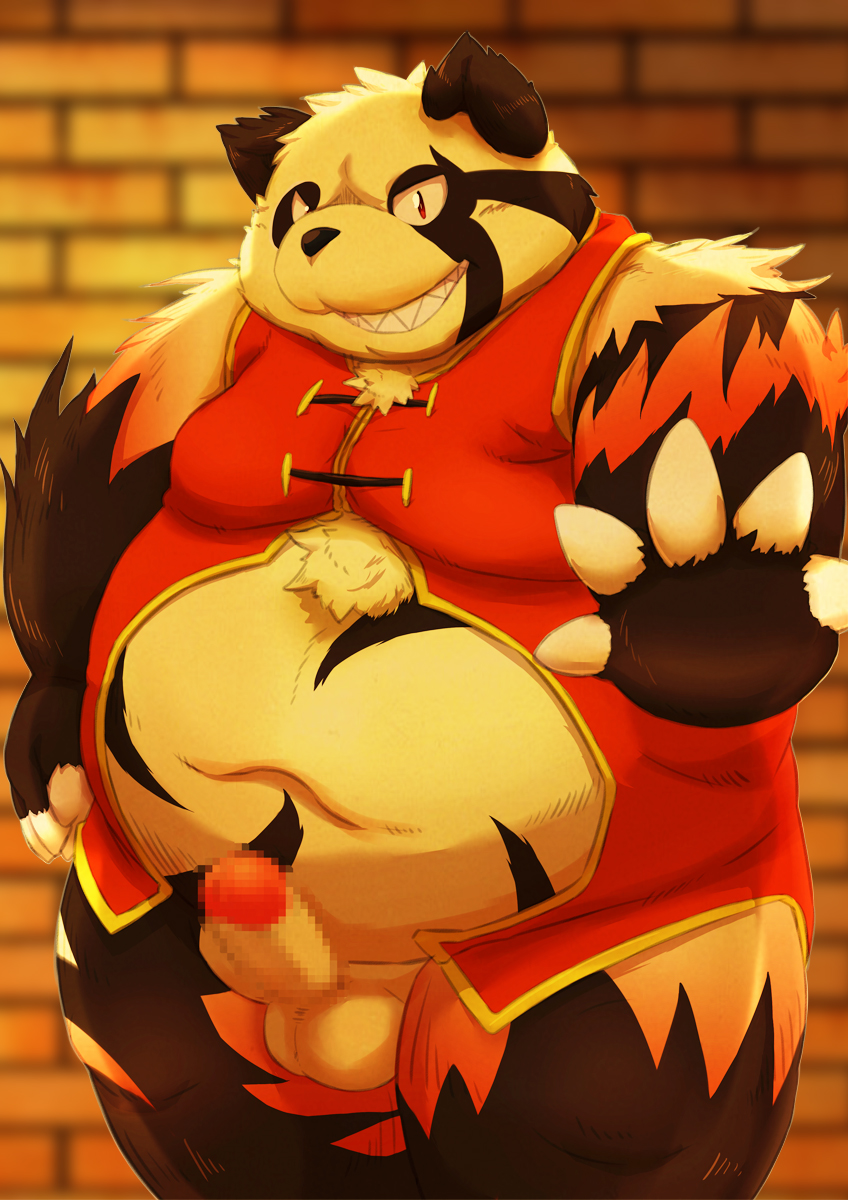 2014 anthro balls belly black_body black_fur black_nose censored erection fanfan fur genitals giant_panda hi_res kemono male mammal navel overweight overweight_male penis rodemaru solo ursid white_body white_fur