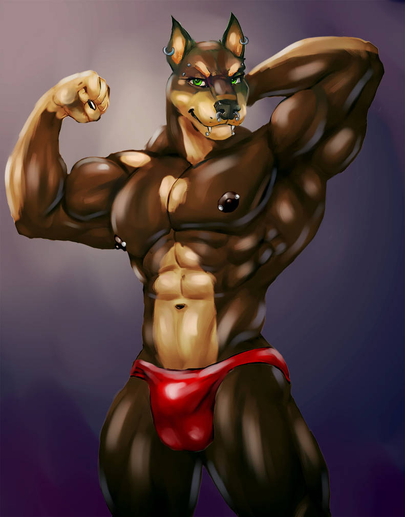 1boy 5_fingers abs anthro balls_outline biceps big_bulge big_muscles bleakcat brown_body brown_fur bulge canid canine canis chin_piercing clothed clothing dobermann domestic_dog ear_piercing eyebrow_piercing facial_piercing fangs fingernails fingers fist fur genital_outline green_eyes male male_only mammal muscular muscular_anthro muscular_male muscular_thighs nails navel nipple_piercing nipples nose_piercing pecs piercing pinscher pose quads sheath_outline simple_background smile solo speedo swimwear tan_body tan_fur teeth thick_thighs underwear underwear_only whisker_spots