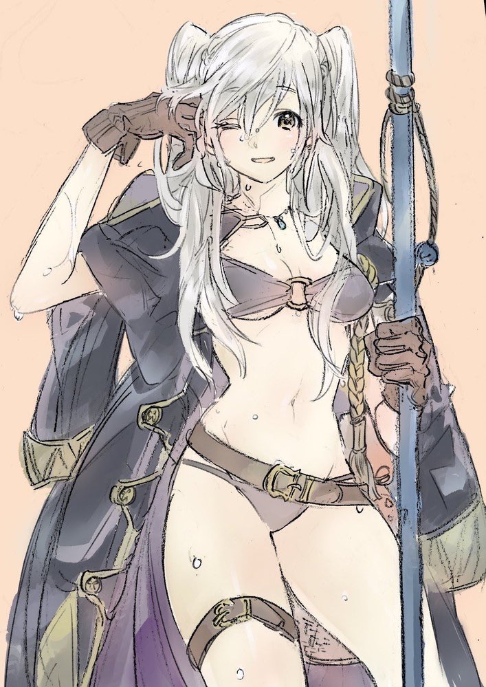 1girls alternate_costume belt bikini black_bikini black_swimsuit coat female fire_emblem fire_emblem_awakening fire_emblem_heroes gloves nintendo official_alternate_costume purple_bikini purple_swimsuit robin_(female)_(summer)_(fire_emblem) robin_(fire_emblem) robin_(fire_emblem)_(female) solo source_request trident twintails ziro