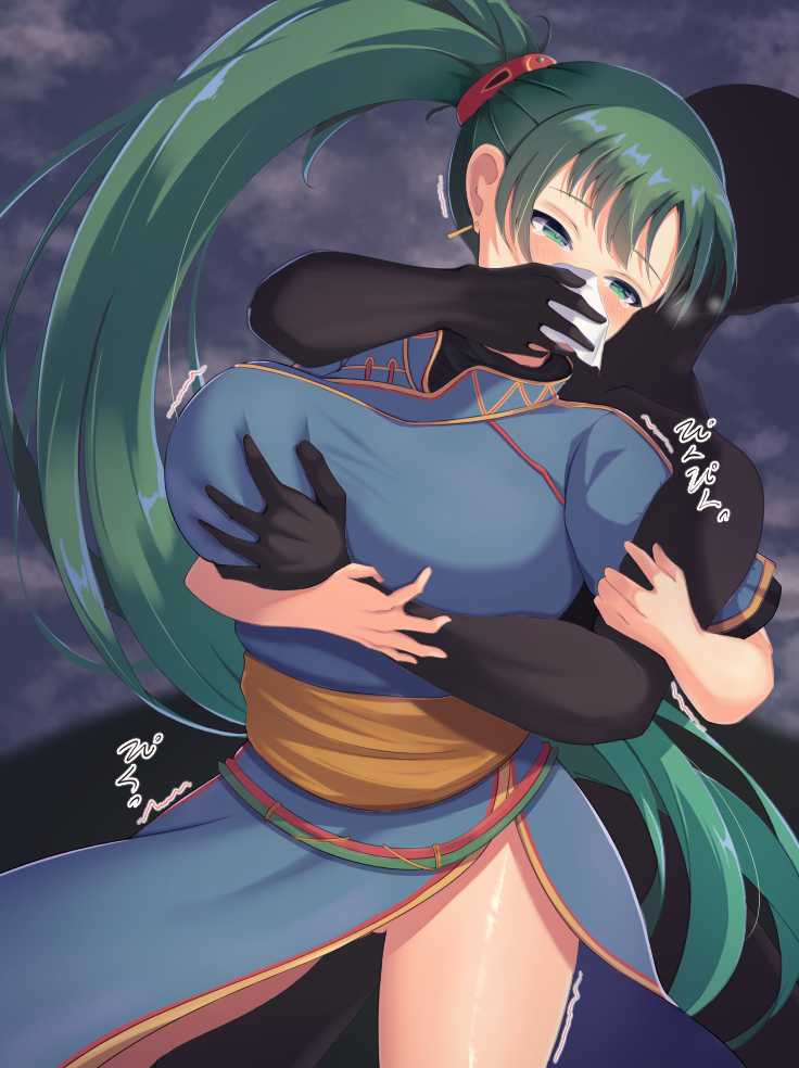 1girls, bare thighs, blush, breast grab, breasts, chloroform, crying, crying with eyes open, drugged, earrings, empty eyes, female, fire emblem, fire emblem: the blazing blade, green eyes, green hair, groping, hiyoko matcha, kidnapping, large breasts, long hair, lyn (fire emblem), lyndis (fire emblem), molestation, nintendo, no panties, pelvic curtain, ponytail, pussy, rape, solo focus, sound effects, thighs, very long hair
