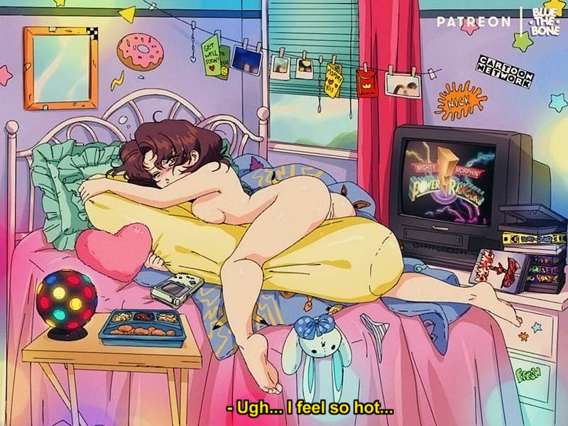 artist self-insert, ass, barefoot, bluethebone, bluethebone (character), breast squeeze, breasts, color, cute, feet, female, indoors, laying on bed, mighty morphin power rangers, naked, nude, nude female, pillow grab, power rangers, pussy, retro artstyle, short hair