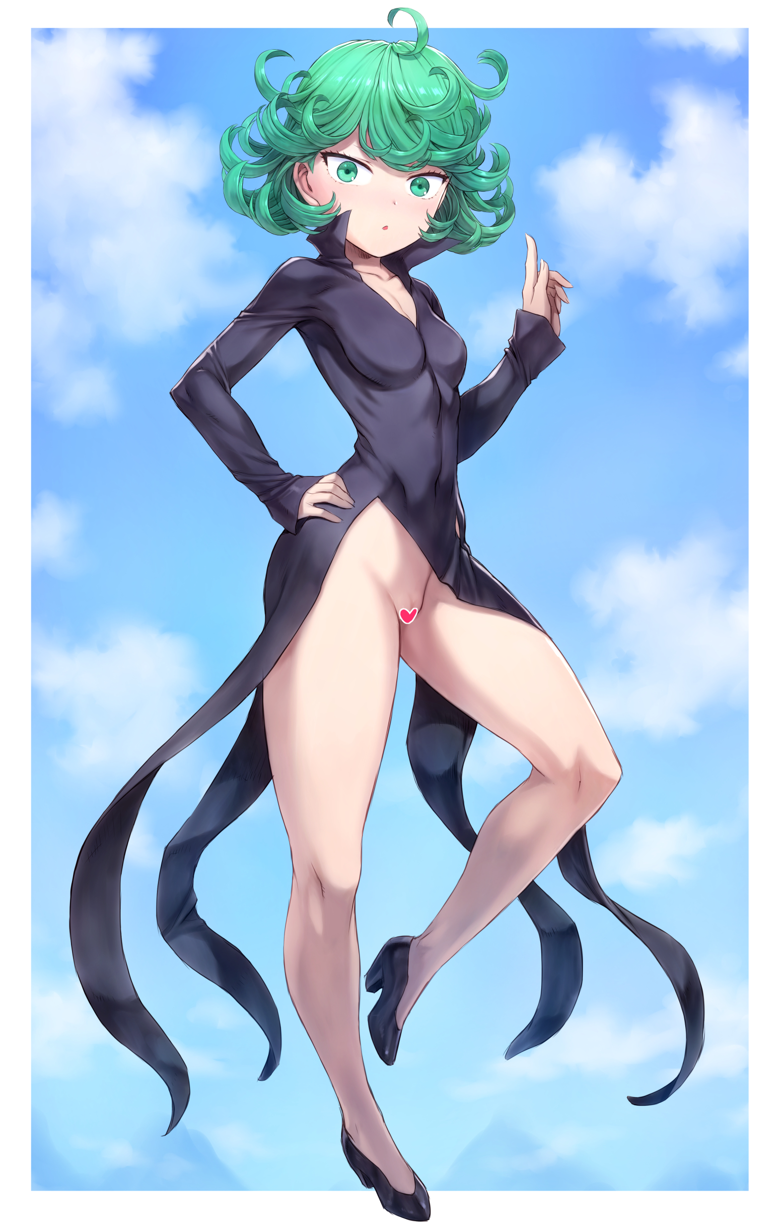1girls, bottomless, breasts, censored, dress, eye contact, female, full body, green eyes, green hair, heart censor, looking at viewer, mogudan, no panties, one-punch man, pussy, short hair, small breasts, solo, tatsumaki, thighs