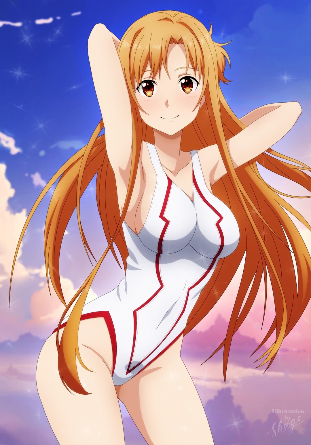 armpits beach_wear blush brown_eyes long_hair orange_hair red_cheeks smile sword_art_online yuuki_asuna