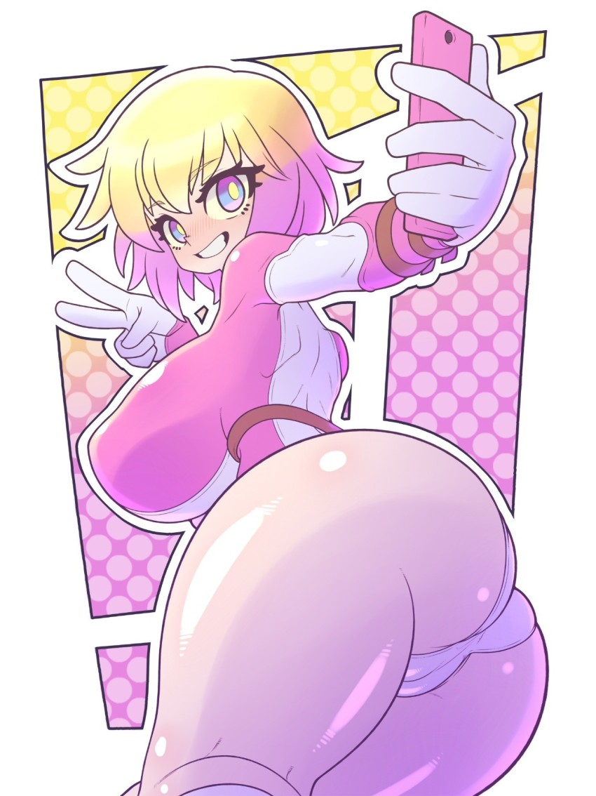 alternate color, ass, blonde hair, blue eyes, breasts, cameltoe, cellphone, cleft of venus, electronics, female, female focus, gloves, gradient hair, gwen poole, gwenpool, handwear, highres, hood, hooded jacket, jacket, kaikoinu, large breasts, leotard, marvel, marvel comics, multicolored hair, phone, pink hair, pussy, self shot, simple background, smartphone, smile, solo, thick thighs, thighs, v, white background