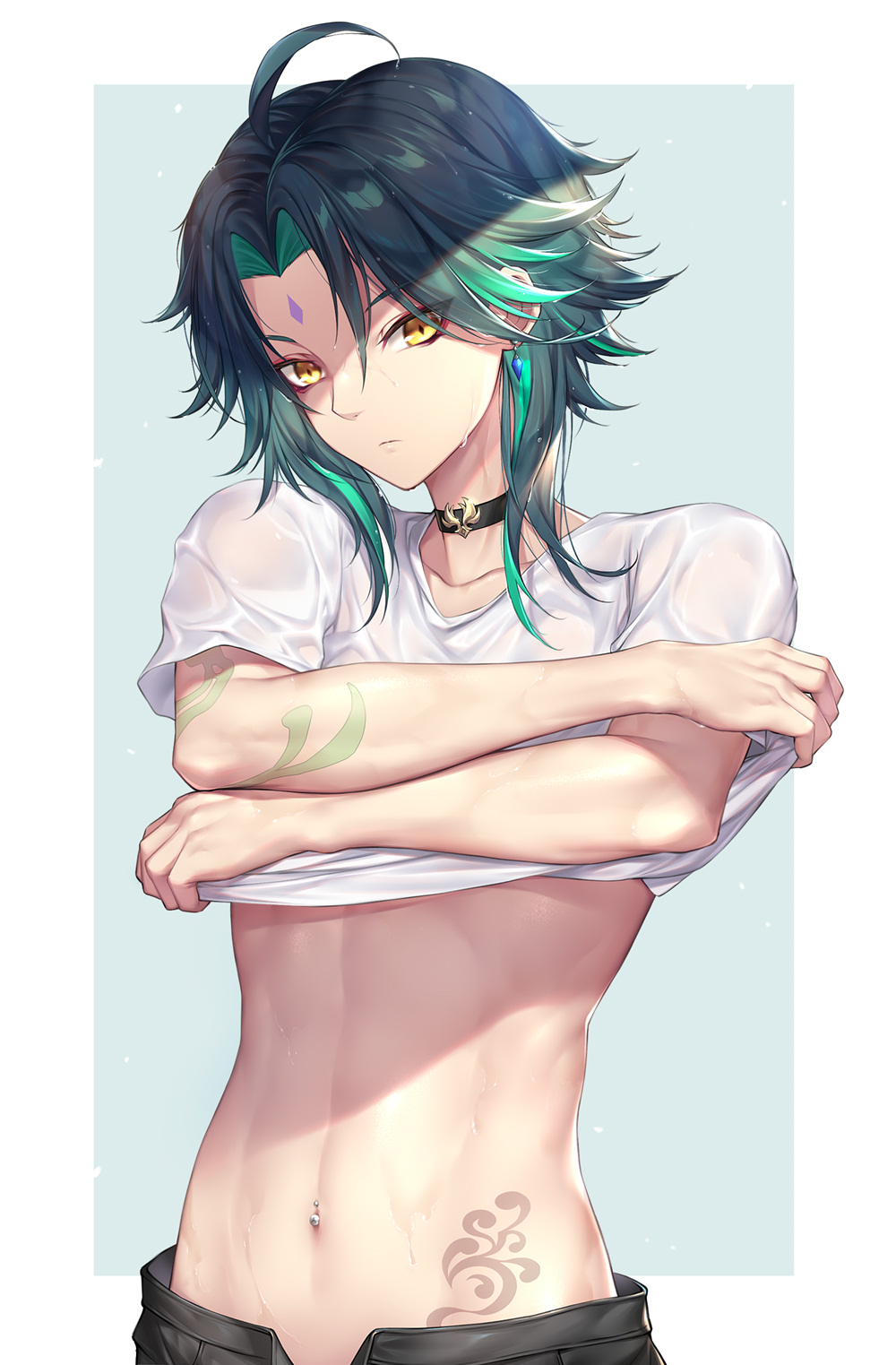 1boy, 2021, abs, ahoge, androgynous, androgynous male, arm tattoo, bare arms, black hair, blue background, casual, choker, clothing, earrings, eyebrows visible through hair, eyes visible through hair, eyeshadow, facial mark, forehead mark, genshin impact, green hair, highres, jewelry, lifted by self, looking at viewer, makeup, male, male only, midriff, multicolored hair, nasaniliu, navel, navel piercing, open fly, pants, piercing, red eyeshadow, shadow, shirt, shirt lift, short hair, simple background, slit pupils, solo, standing, stomach, stomach tattoo, sweat, tattoo, toned, toned male, twink, two-tone hair, undressing, wet, wet clothes, wet shirt, white background, white border, white shirt, xiao (genshin impact), yellow eyes