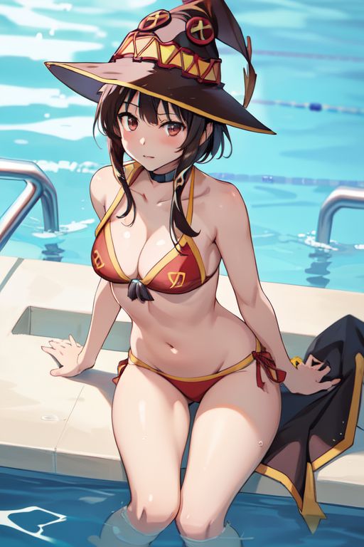 ai_generated blush brown_hair cleavage collar hat kono_subarashii_sekai_ni_shukufuku_wo! megumin red_eyes short_hair small_breasts swimming_pool swimsuit takemehigh thick_thighs witch_hat