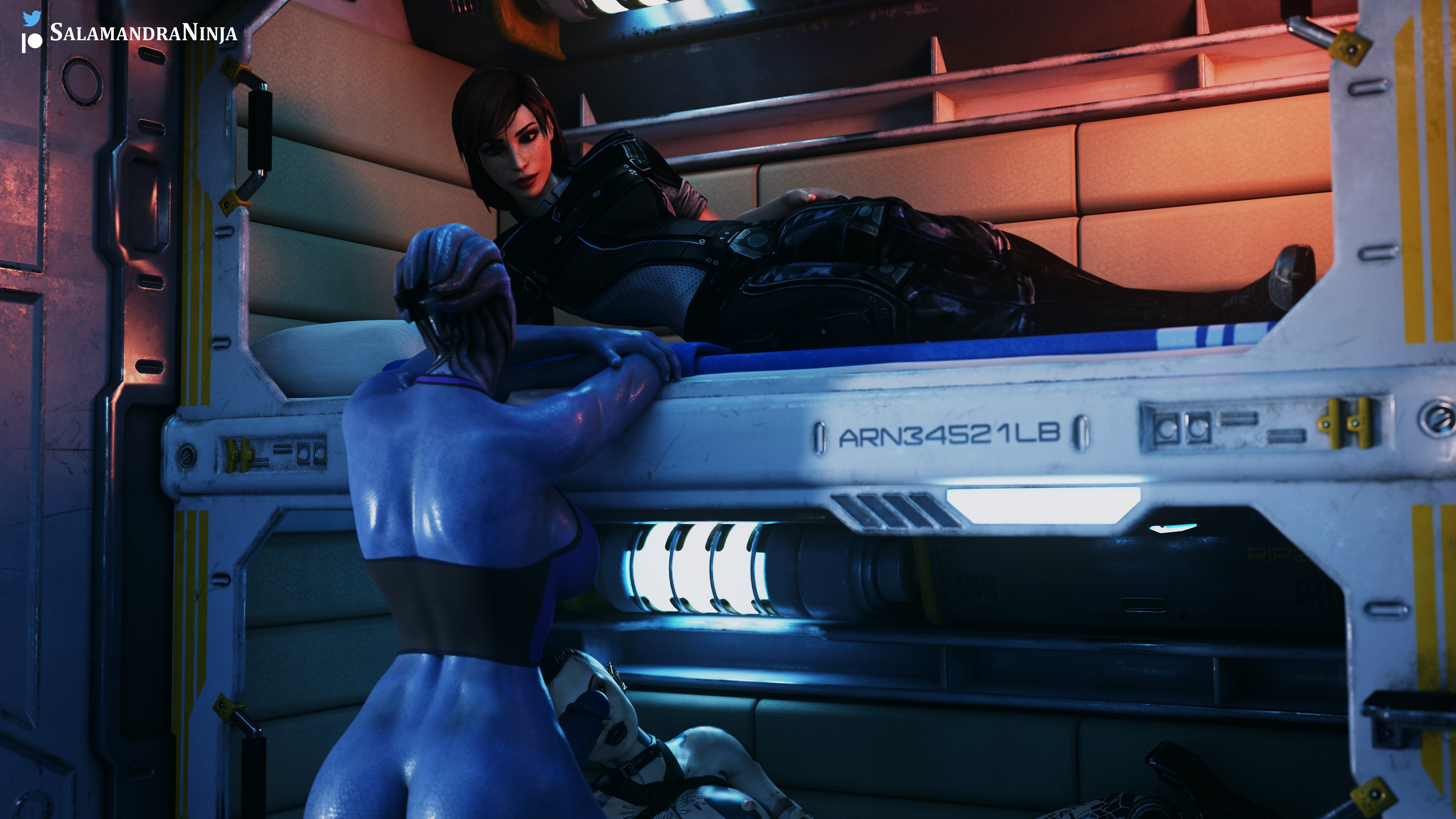 1futa, 2girls, 3d, areolae, asari, ass, big breasts, big penis, breasts, clothed, clothing, commander shepard, duo, erection, female, femshep, fully clothed, futa on female, futanari, human, humanoid, humanoid penis, intersex, jack (mass effect), liara t'soni, light skin, light-skinned female, mass effect, nude, pale skin, penis, salamandraninja, standing