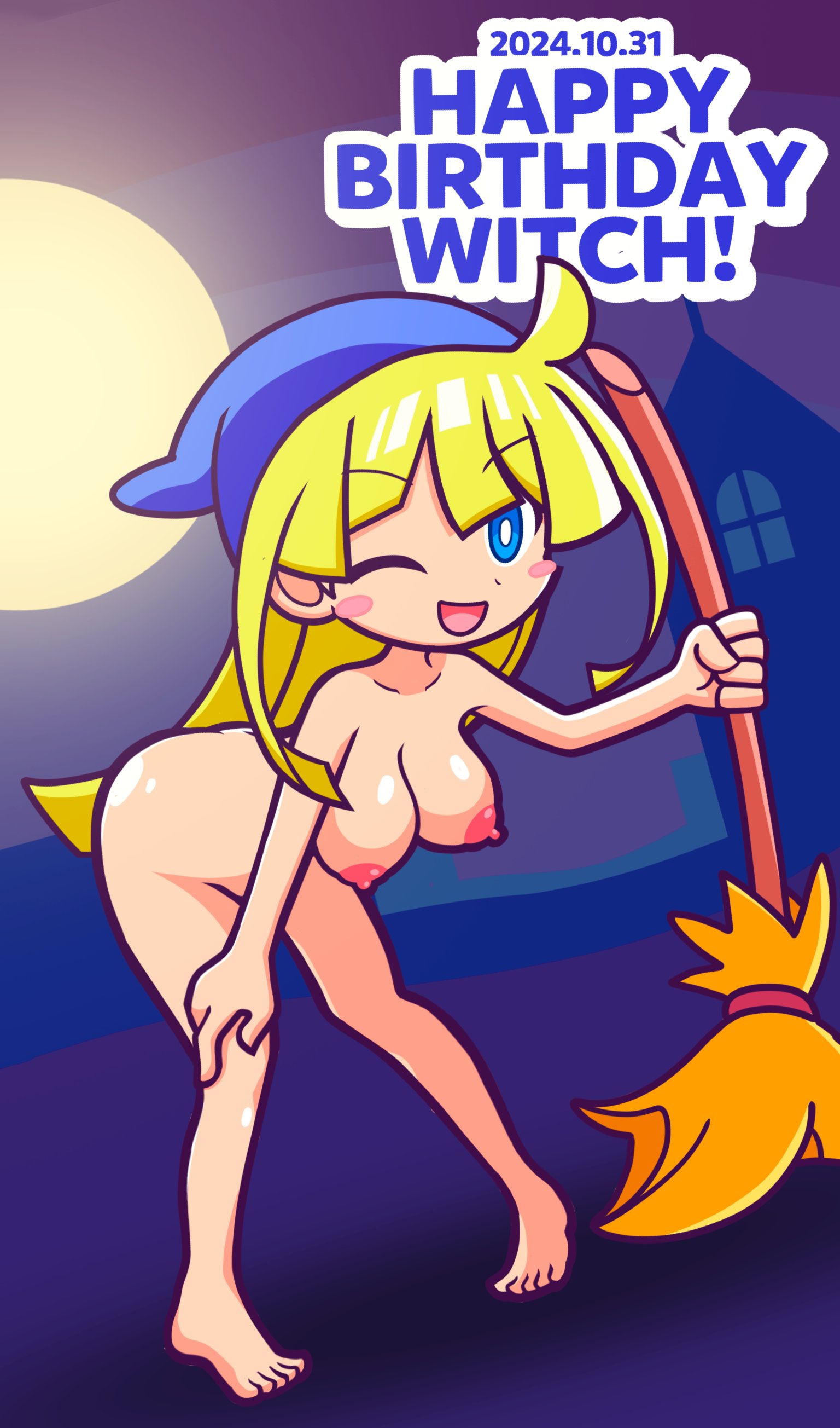 ;d blonde_hair blue_eyes breasts broom completely_nude english_text exhibitionism feet female furii_(artist) happy_birthday light-skinned_female moon night nipples nude nude_female puyo_puyo puyo_puyo_artstyle sidelocks solo text toes witch_(puyo_puyo)