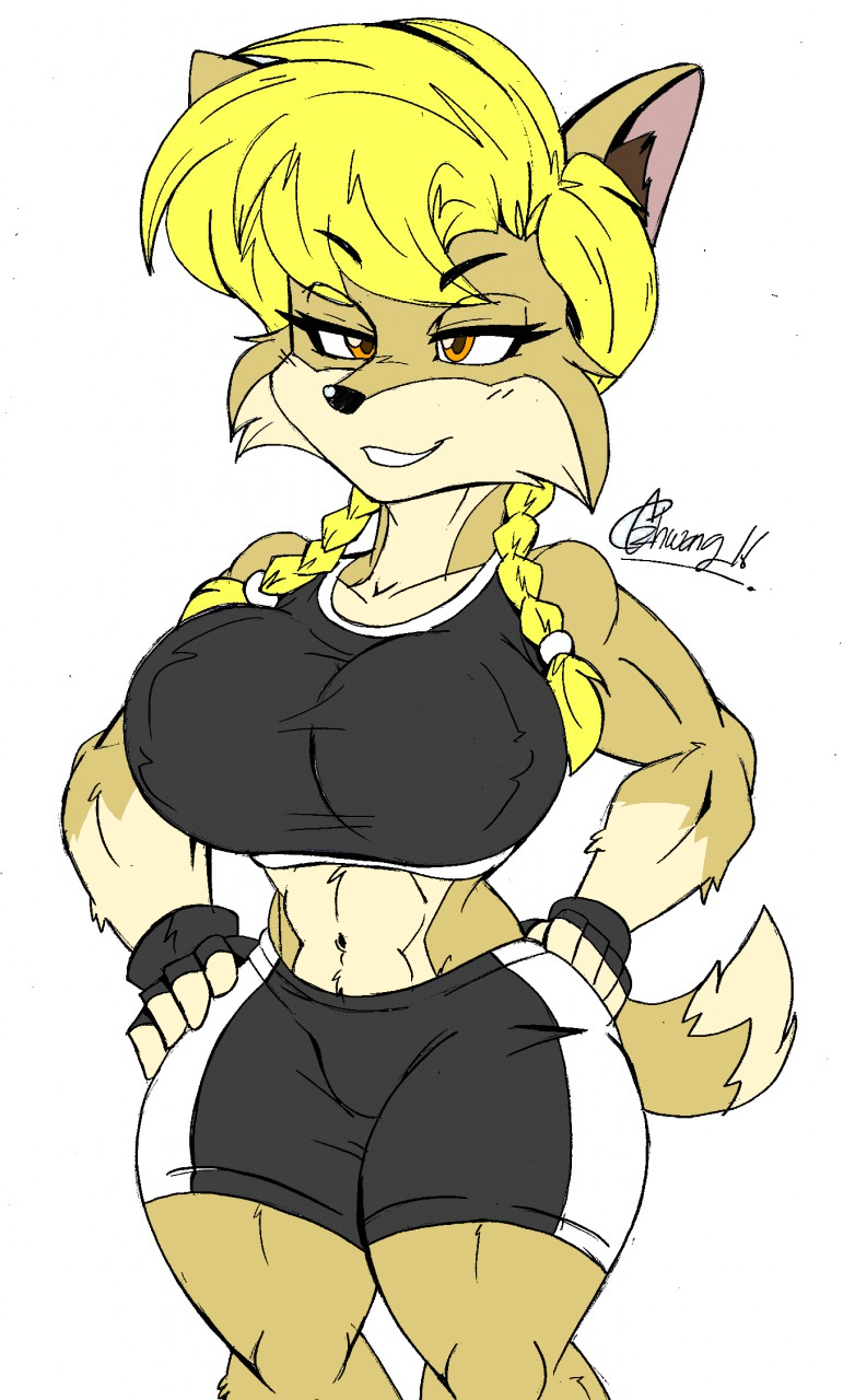 akatsukishiranui-fox anthro athletic_female big_breasts female_abs fingerless_gloves fit_female fox gym_shorts izacmafia_(artist) pin_up sports_bra