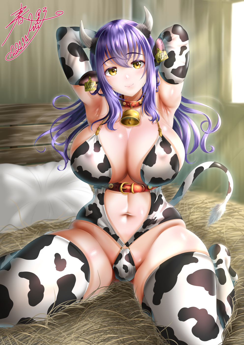 1girls, animal ears, arms behind head, bell, breasts, choker, cleavage, cow ears, cow girl, cow horns, cow print, cow tail, elbow gloves, female, full body, highres, horns, huge breasts, kasugano tobari, long hair, looking at viewer, navel, original, purple hair, shiny skin, signature, smile, solo, tail, thighhighs, year of the ox, yellow eyes
