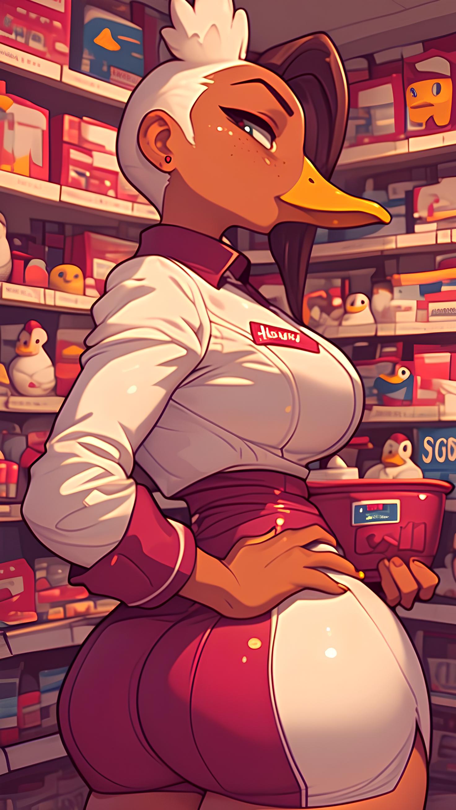 ai ai_generated beak big_ass big_breasts brown_hair clothing duck_girl feathers huki looking_at_viewer monster_girl original_character redphoenix_ saleswoman shop_form store store_worker stretched_clothes white_feathers