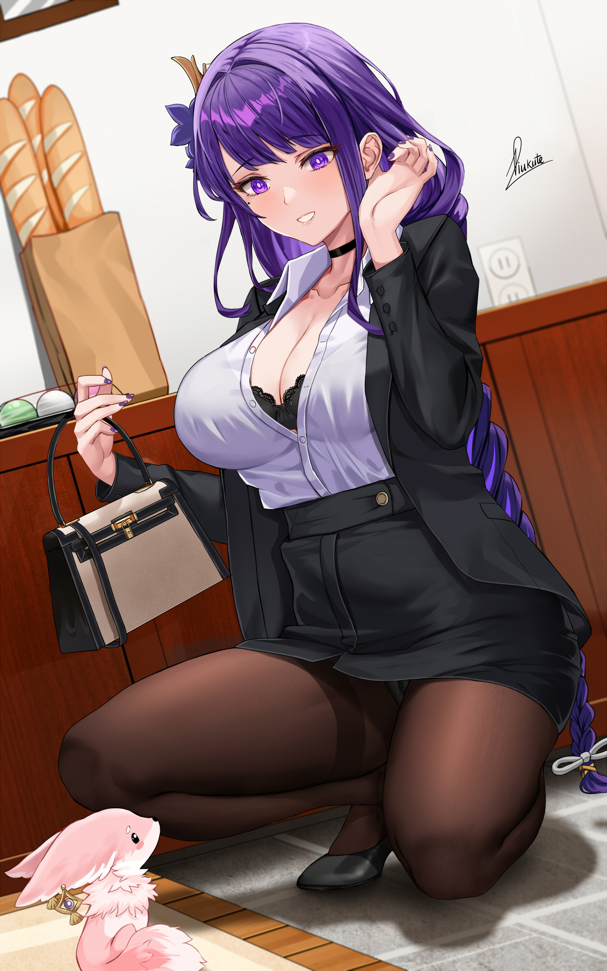 1girls, 2021, artist signature, beauty mark, black bra, black jacket, black skirt, blush, bra, braided hair, breasts, cleavage, clothed female, female, female focus, female only, genshin impact, heels, high heels, holding object, huge breasts, indoors, kneeling, long hair, mole under eye, nail polish, office lady, painted nails, panty peek, pantyhose, pantyshot, pantyshot (squatting), piukute062, purple eyes, purple hair, purple nails, purse, raiden shogun, shoes, skirt, smile, thick thighs, thighs, upskirt, very long hair, white shirt