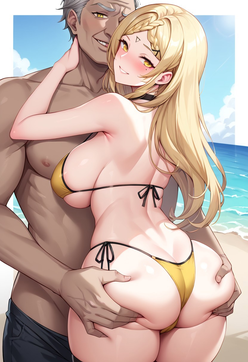 ai_generated ass ass_grab beach big_breasts bikini blonde_female blonde_hair breasts drag-on_dragoon_3 drakengard_3 female five_(drag-on_dragoon) five_(drakengard) huge_breasts large_breasts male male/female nipples old_man older_male on_back pale-skinned_female seductive seductive_smile smile smile_at_viewer yellow_bikini yellow_eyes younger_female